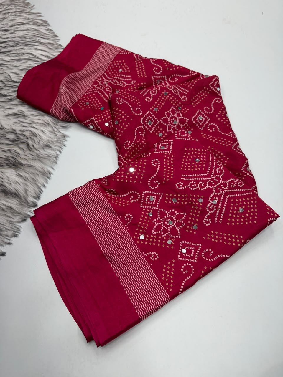 Blissful Function Wear Pure Satin Silk Ajrak Printed Rich Pallu n Mirror Work Designer Saree With Blouse Piece