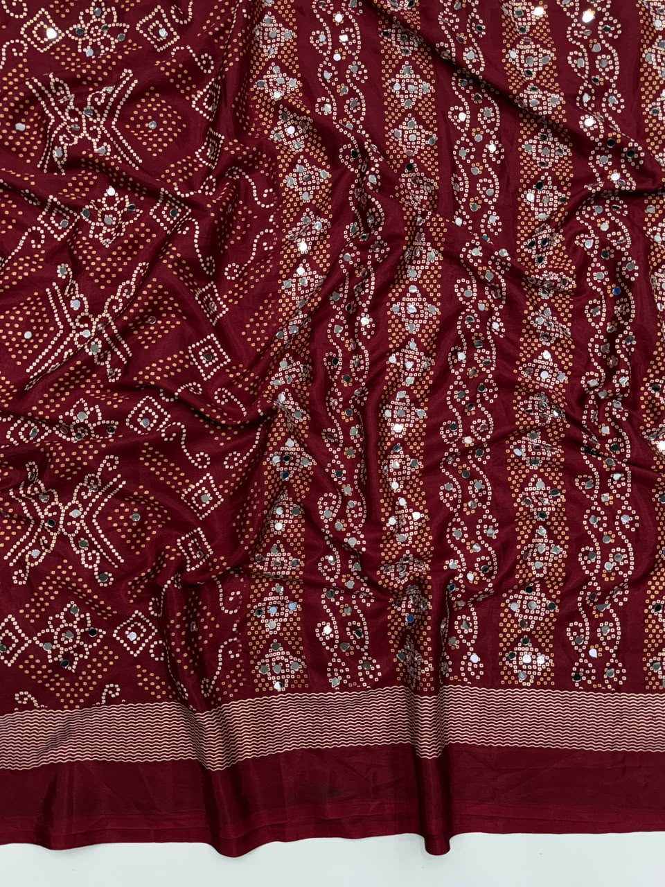 Blissful Function Wear Pure Satin Silk Ajrak Printed Rich Pallu n Mirror Work Designer Saree With Blouse Piece