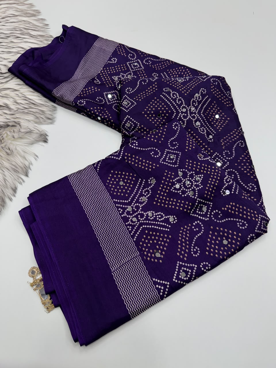 Blissful Function Wear Pure Satin Silk Ajrak Printed Rich Pallu n Mirror Work Designer Saree With Blouse Piece