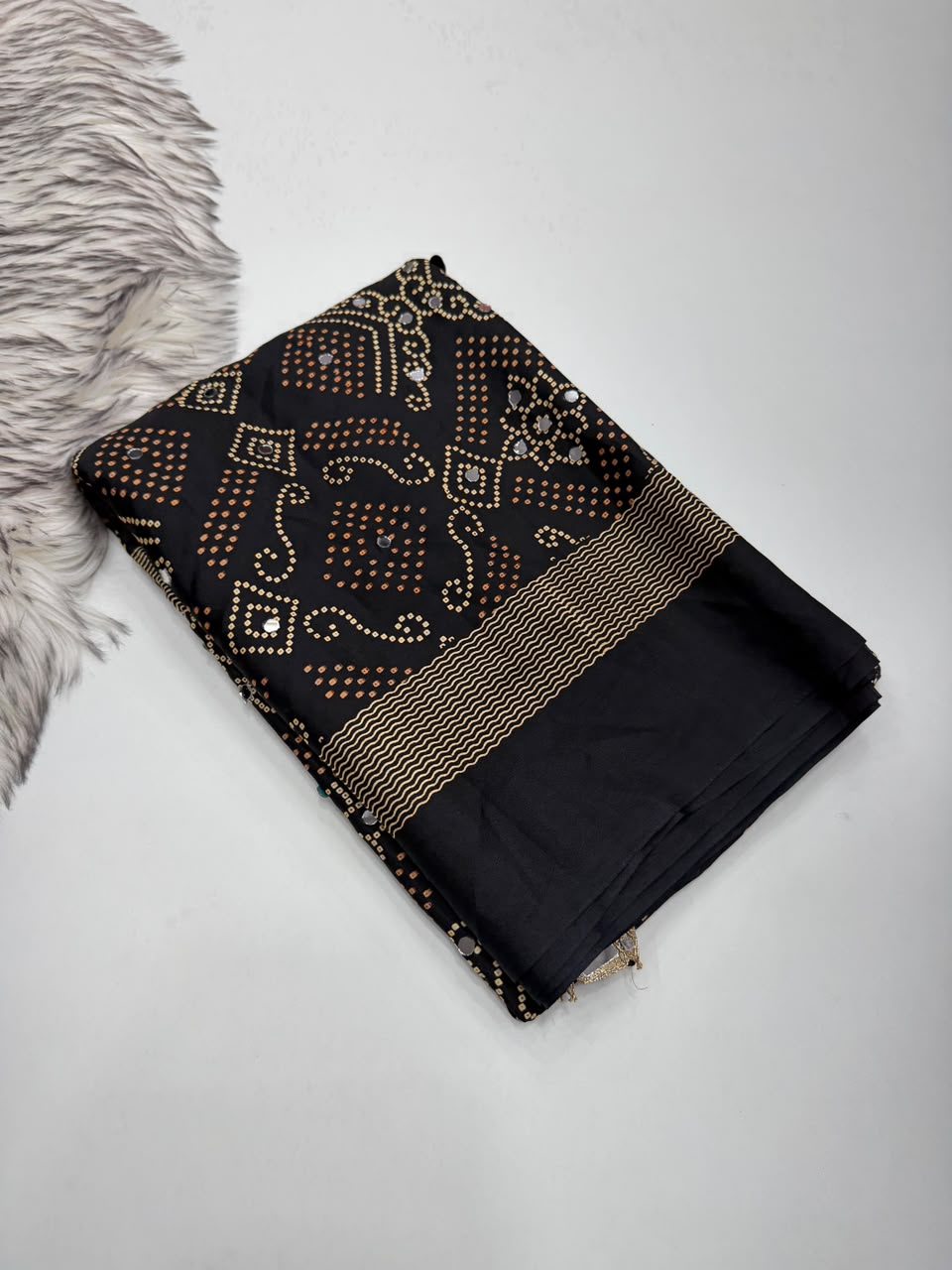 Blissful Function Wear Pure Satin Silk Ajrak Printed Rich Pallu n Mirror Work Designer Saree With Blouse Piece