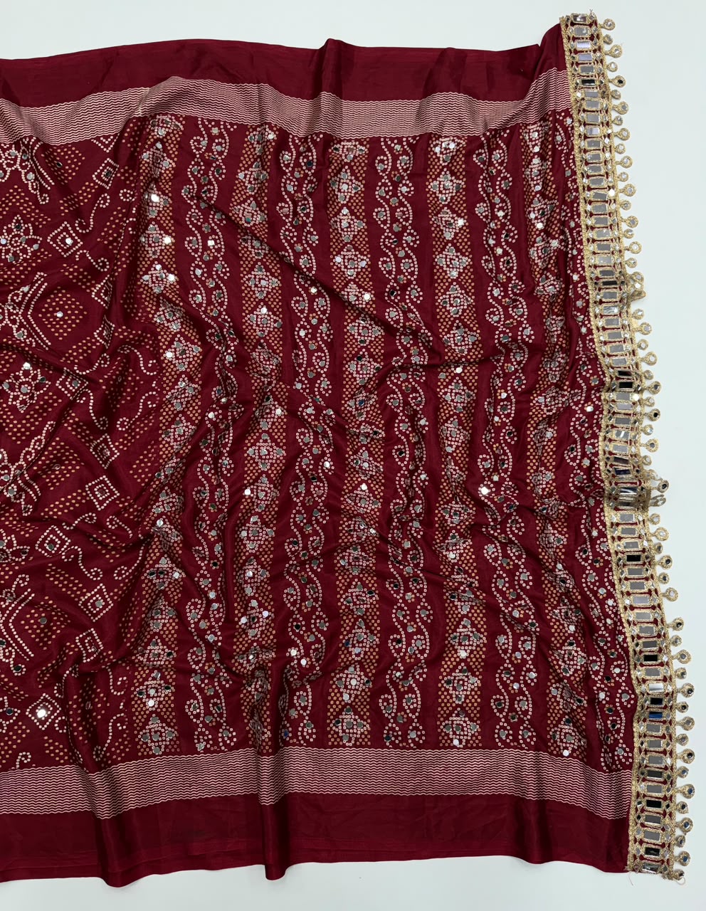 Blissful Function Wear Pure Satin Silk Ajrak Printed Rich Pallu n Mirror Work Designer Saree With Blouse Piece
