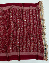 Load image into Gallery viewer, Blissful Function Wear Pure Satin Silk Ajrak Printed Rich Pallu n Mirror Work Designer Saree With Blouse Piece
