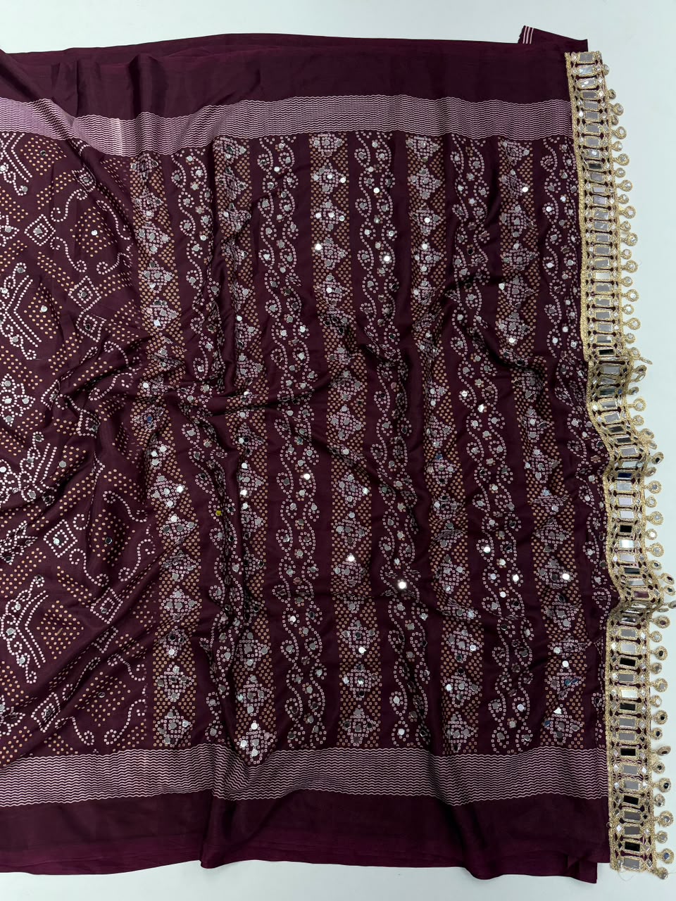 Blissful Function Wear Pure Satin Silk Ajrak Printed Rich Pallu n Mirror Work Designer Saree With Blouse Piece