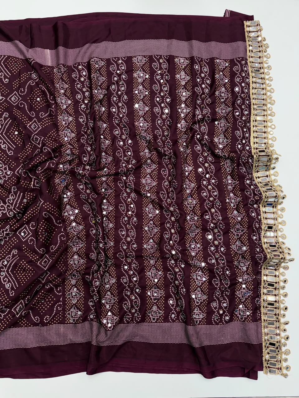 Blissful Function Wear Pure Satin Silk Ajrak Printed Rich Pallu n Mirror Work Designer Saree With Blouse Piece