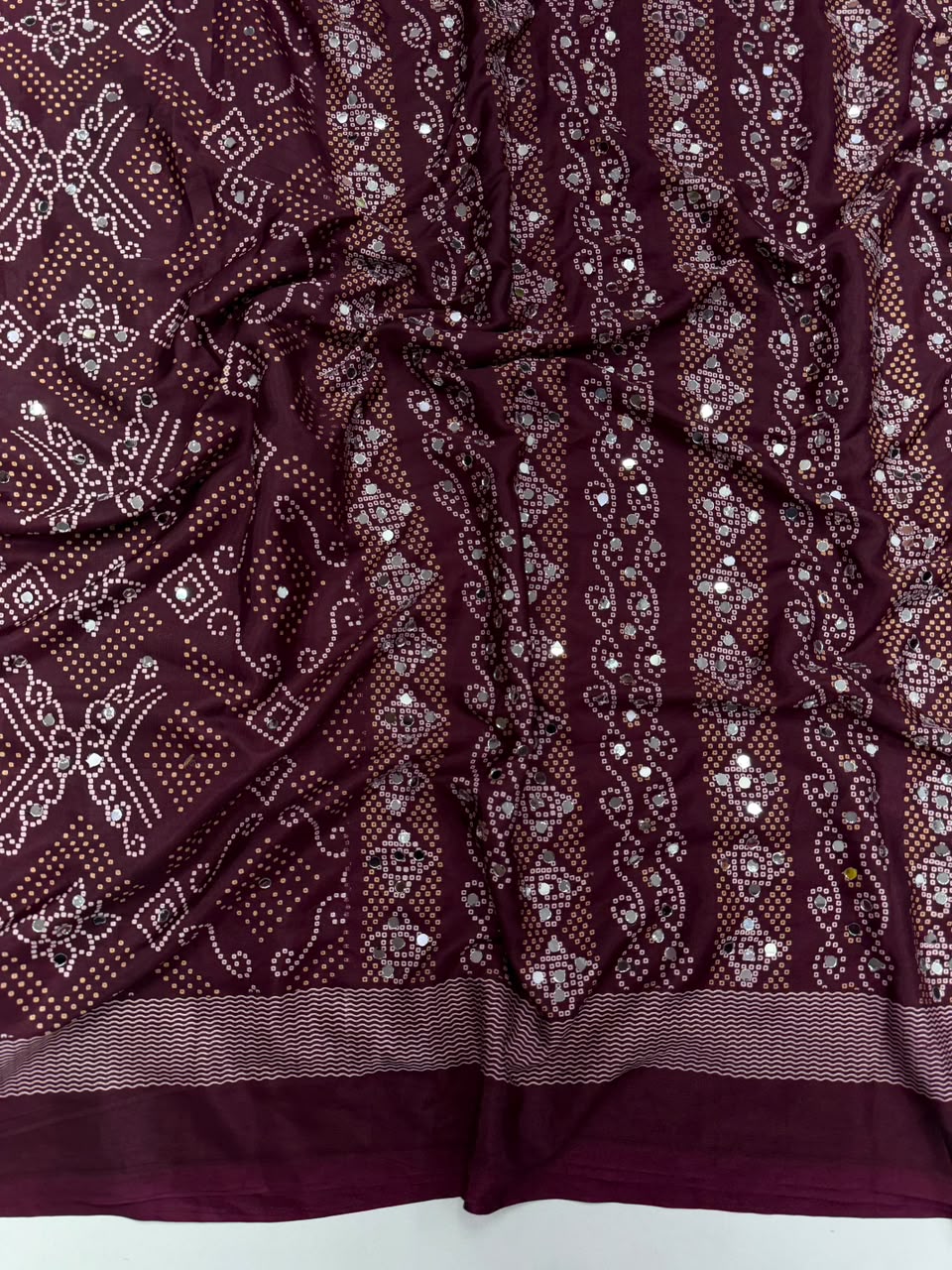 Blissful Function Wear Pure Satin Silk Ajrak Printed Rich Pallu n Mirror Work Designer Saree With Blouse Piece