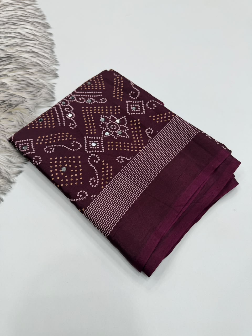 Blissful Function Wear Pure Satin Silk Ajrak Printed Rich Pallu n Mirror Work Designer Saree With Blouse Piece