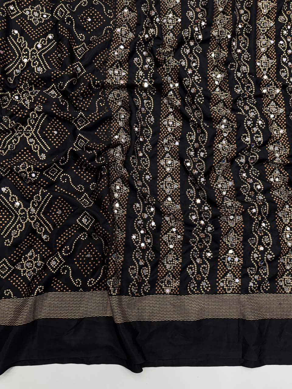 Blissful Function Wear Pure Satin Silk Ajrak Printed Rich Pallu n Mirror Work Designer Saree With Blouse Piece