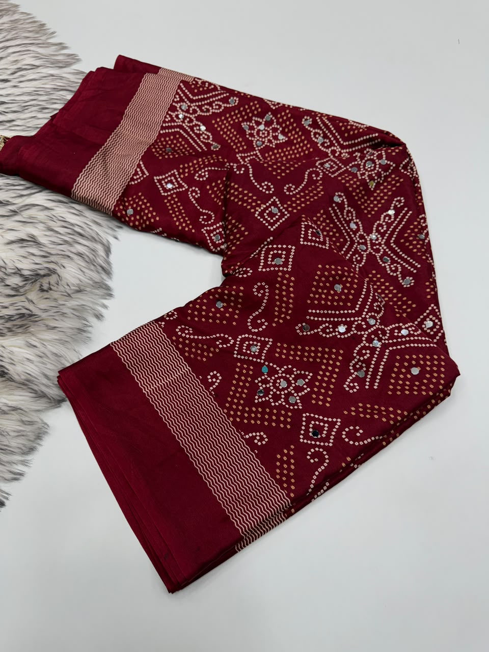 Blissful Function Wear Pure Satin Silk Ajrak Printed Rich Pallu n Mirror Work Designer Saree With Blouse Piece
