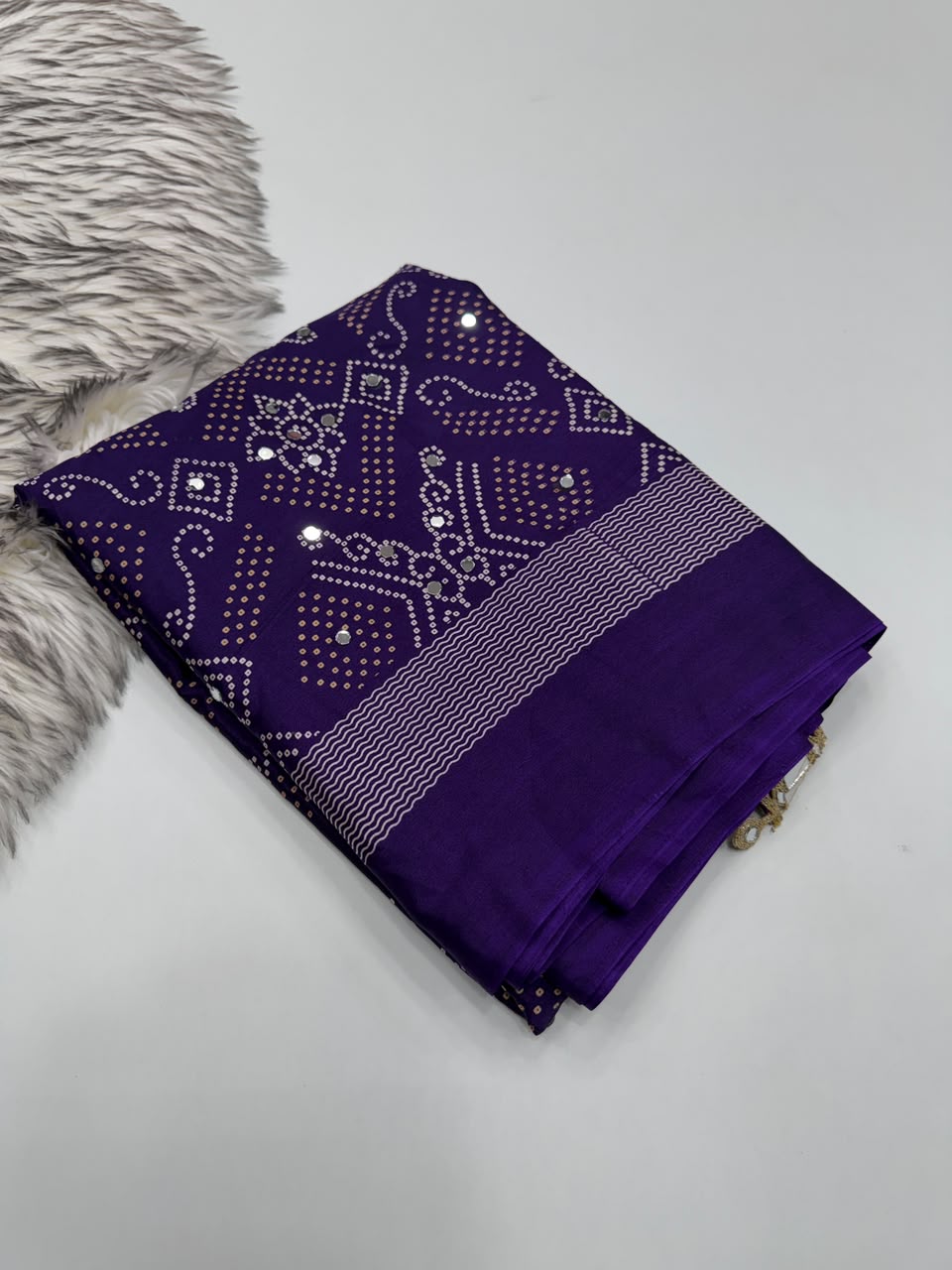 Blissful Function Wear Pure Satin Silk Ajrak Printed Rich Pallu n Mirror Work Designer Saree With Blouse Piece