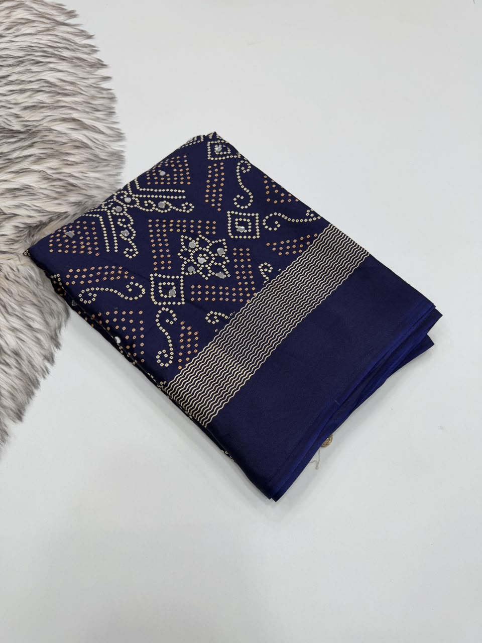 Blissful Function Wear Pure Satin Silk Ajrak Printed Rich Pallu n Mirror Work Designer Saree With Blouse Piece
