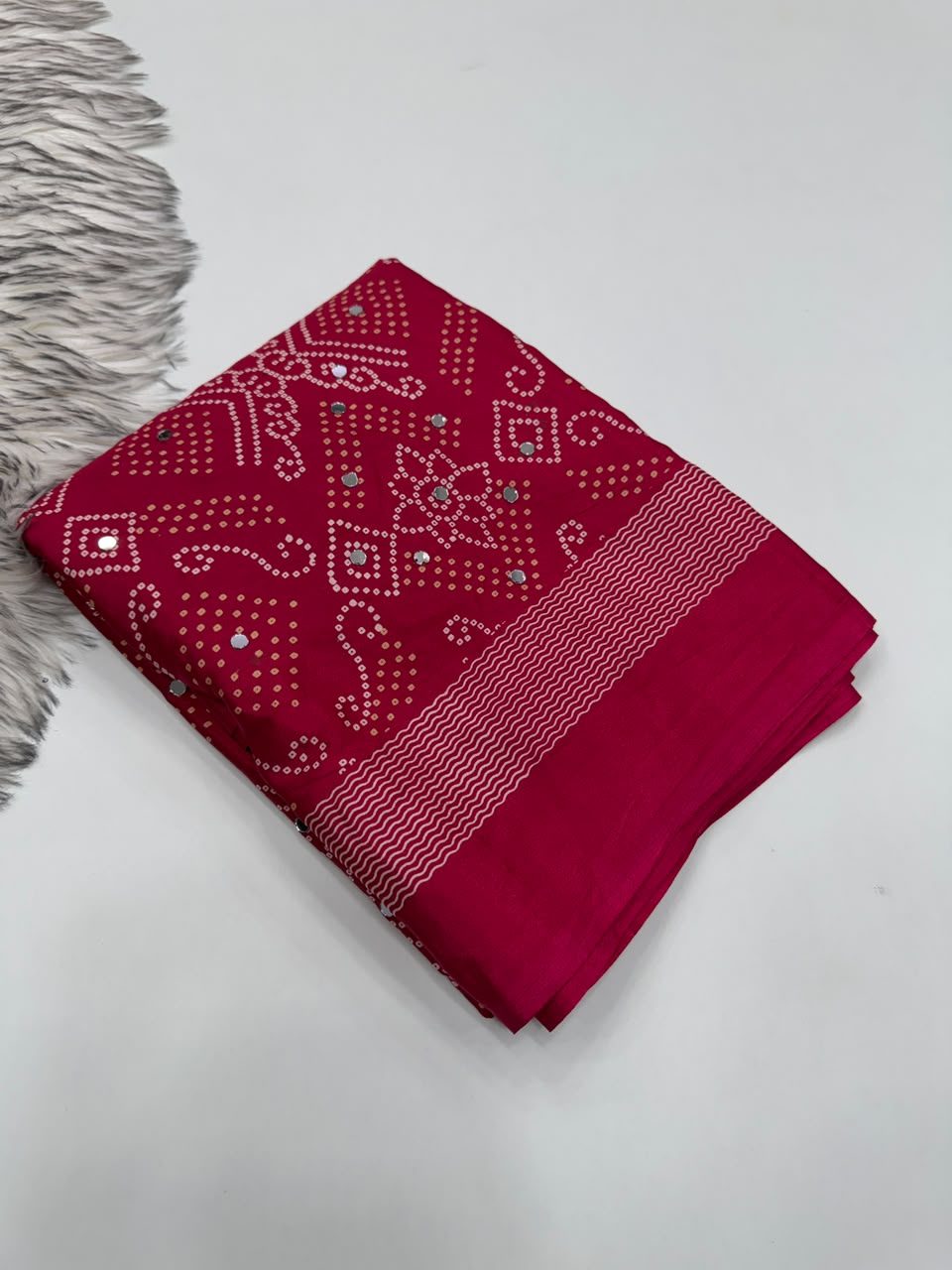 Blissful Function Wear Pure Satin Silk Ajrak Printed Rich Pallu n Mirror Work Designer Saree With Blouse Piece