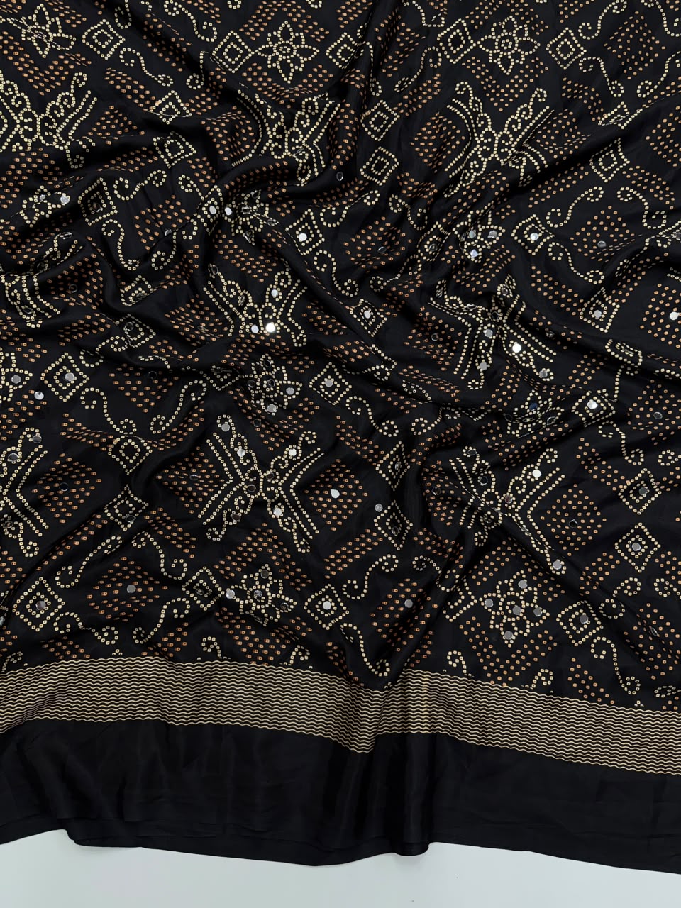 Blissful Function Wear Pure Satin Silk Ajrak Printed Rich Pallu n Mirror Work Designer Saree With Blouse Piece