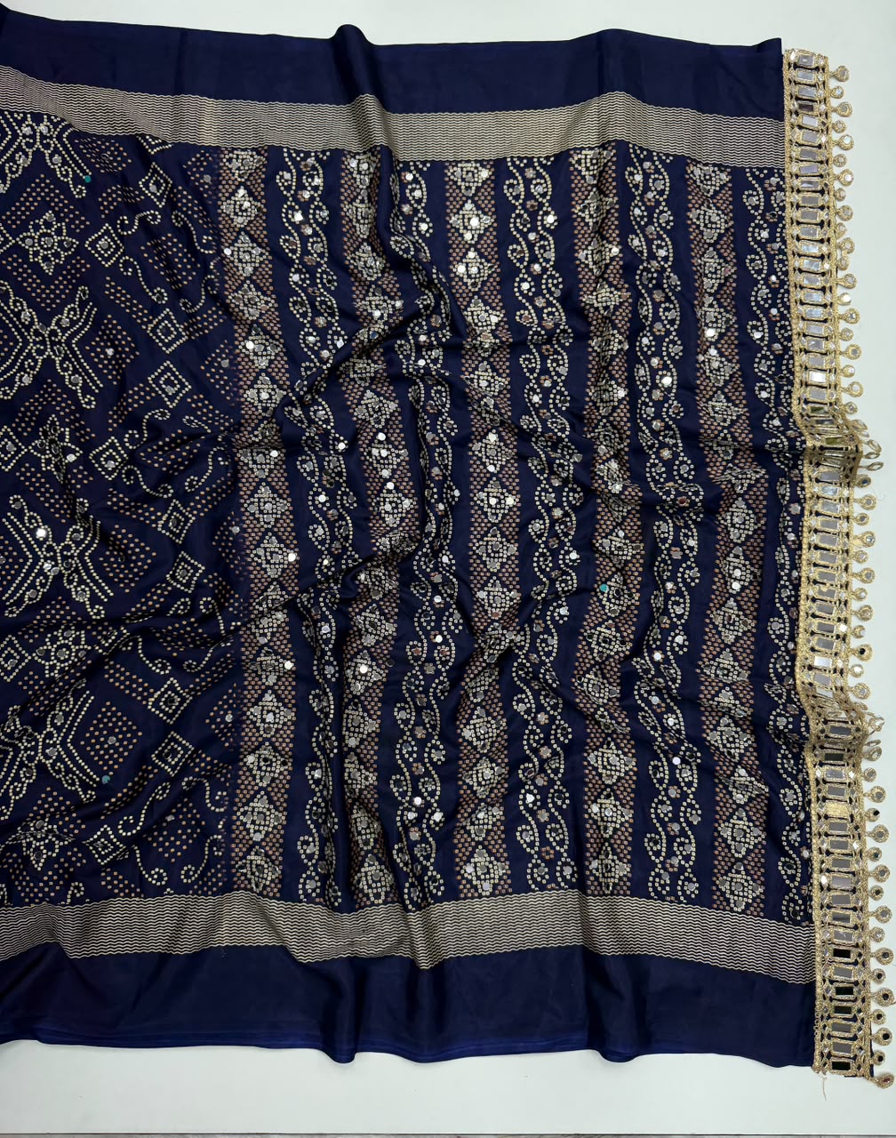 Blissful Function Wear Pure Satin Silk Ajrak Printed Rich Pallu n Mirror Work Designer Saree With Blouse Piece