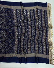 Load image into Gallery viewer, Blissful Function Wear Pure Satin Silk Ajrak Printed Rich Pallu n Mirror Work Designer Saree With Blouse Piece
