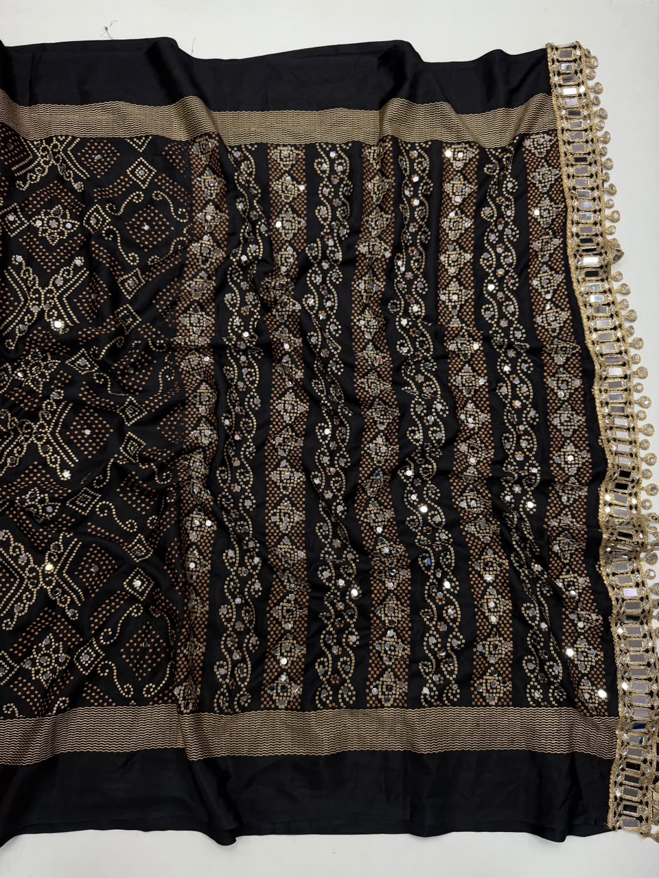 Blissful Function Wear Pure Satin Silk Ajrak Printed Rich Pallu n Mirror Work Designer Saree With Blouse Piece