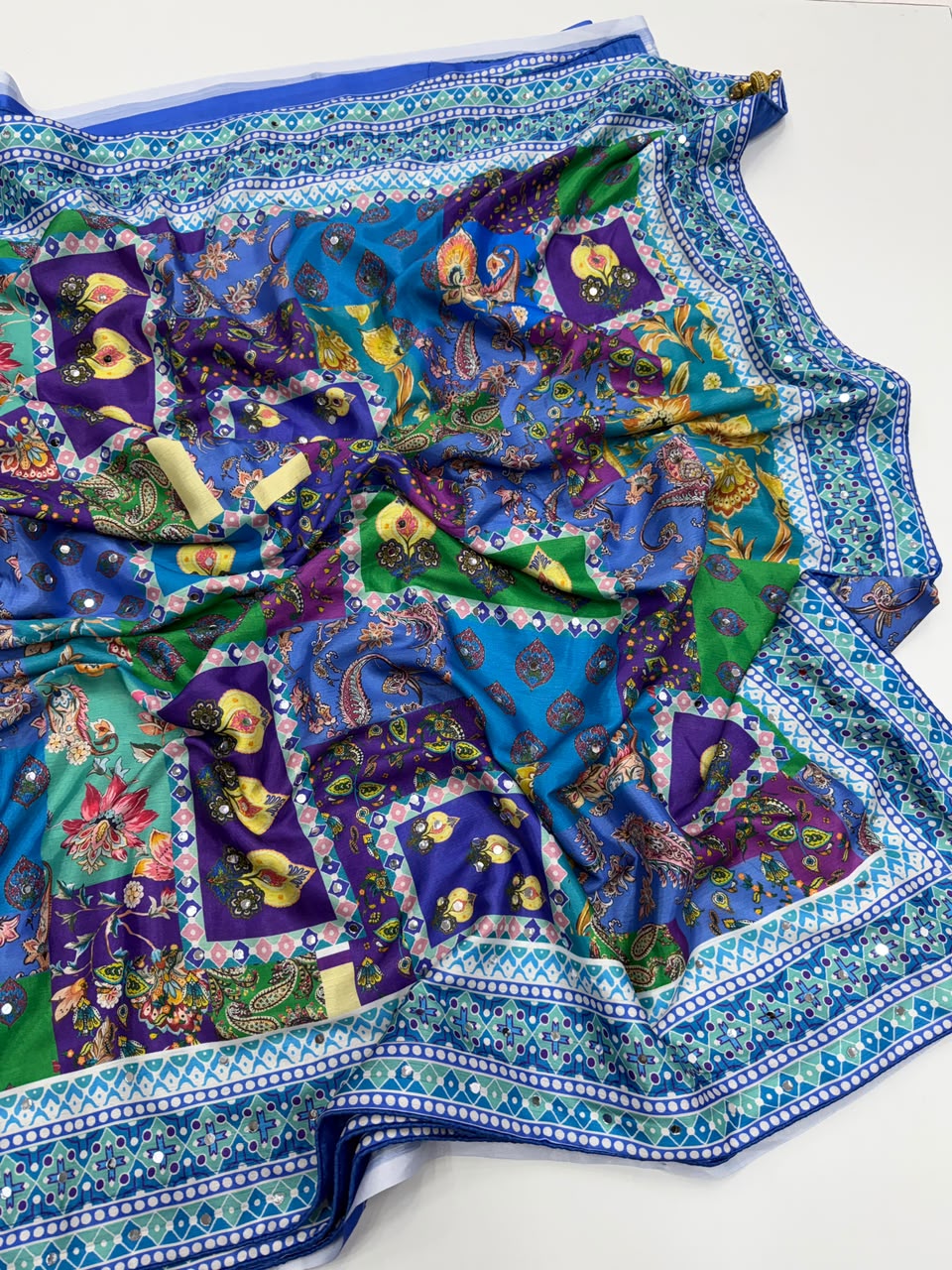 Ravishing Function Wear Soft Chinon Silk Print n Mirror Work Fancy Saree With Blissful Blouse Piece