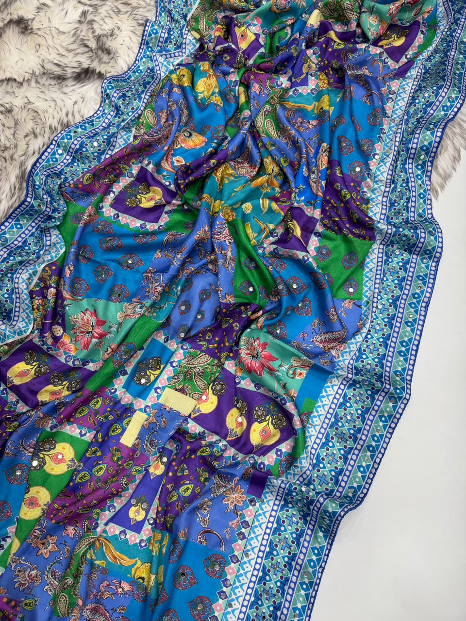 Ravishing Function Wear Soft Chinon Silk Print n Mirror Work Fancy Saree With Blissful Blouse Piece