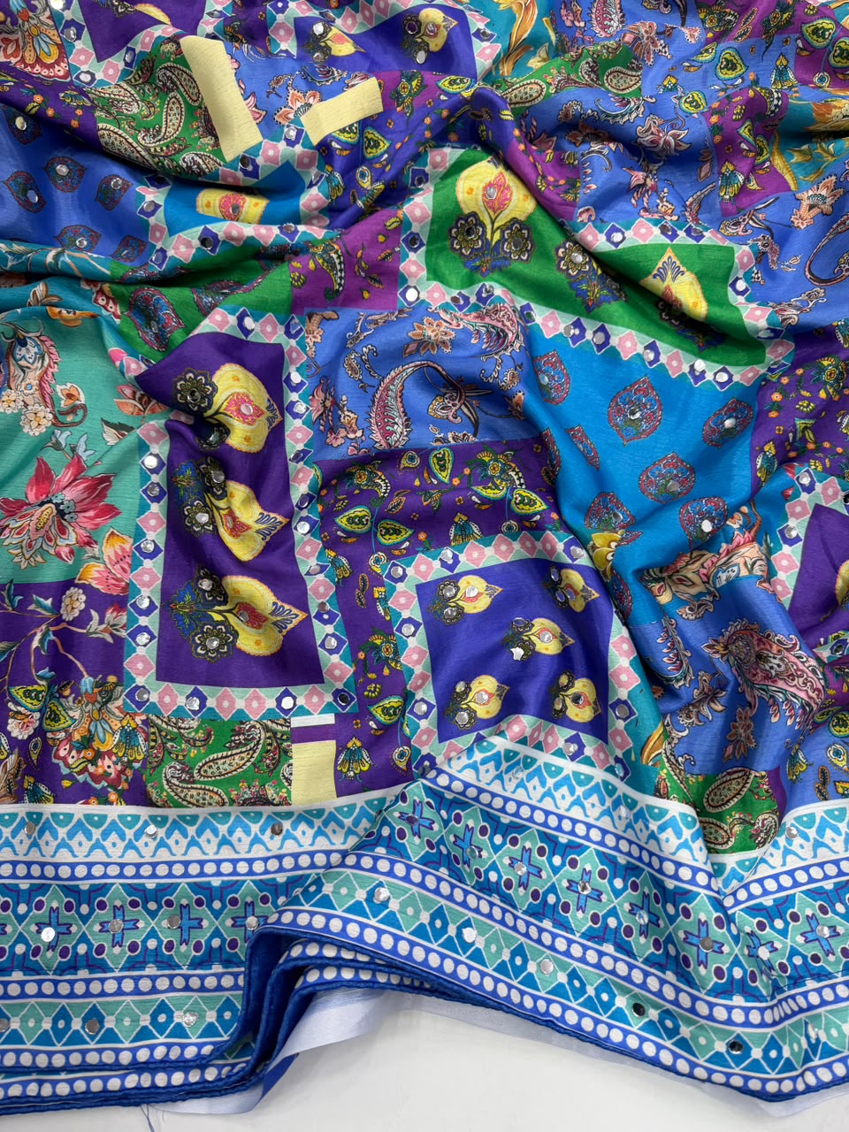 Ravishing Function Wear Soft Chinon Silk Print n Mirror Work Fancy Saree With Blissful Blouse Piece