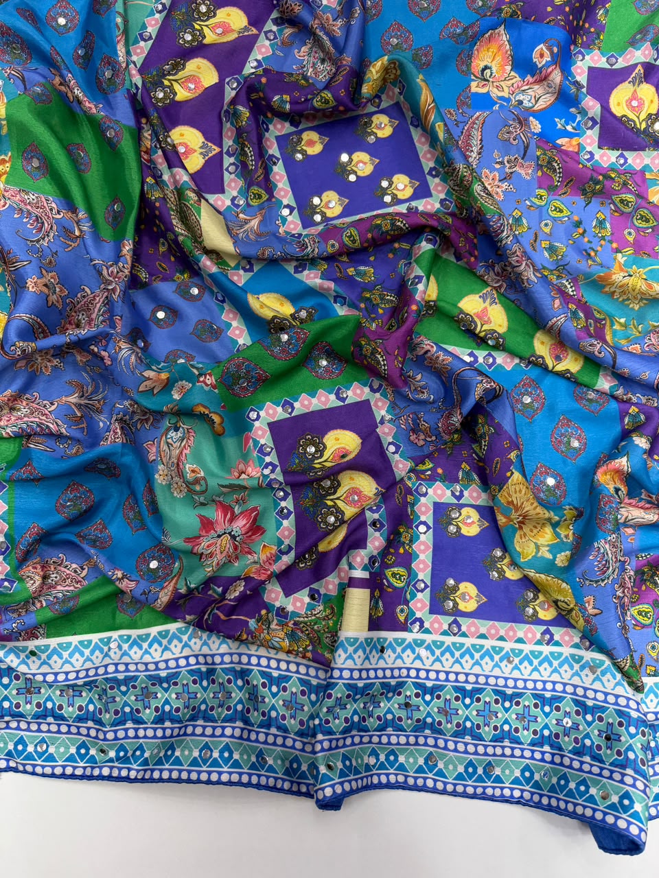 Ravishing Function Wear Soft Chinon Silk Print n Mirror Work Fancy Saree With Blissful Blouse Piece