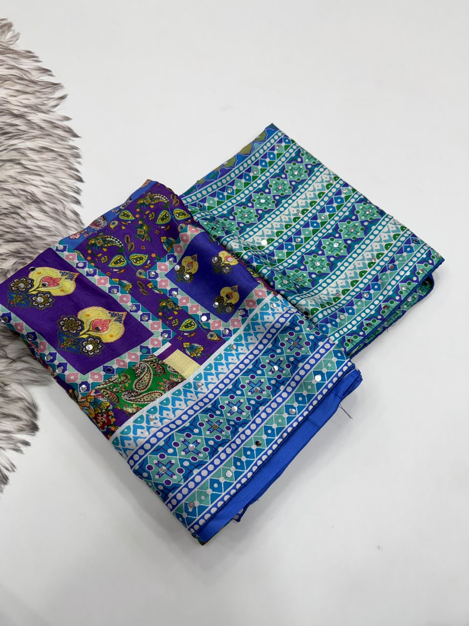 Ravishing Function Wear Soft Chinon Silk Print n Mirror Work Fancy Saree With Blissful Blouse Piece