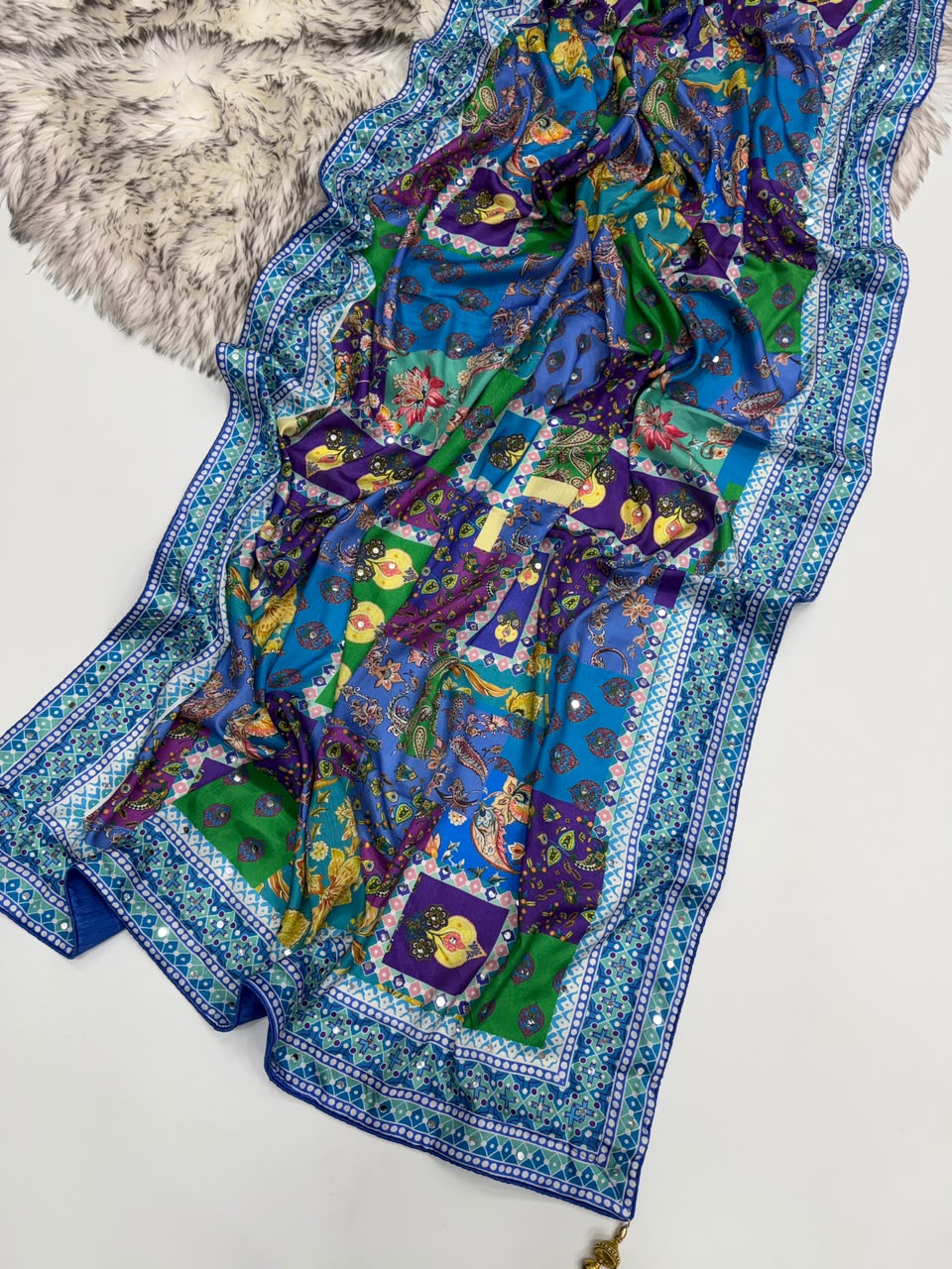 Ravishing Function Wear Soft Chinon Silk Print n Mirror Work Fancy Saree With Blissful Blouse Piece