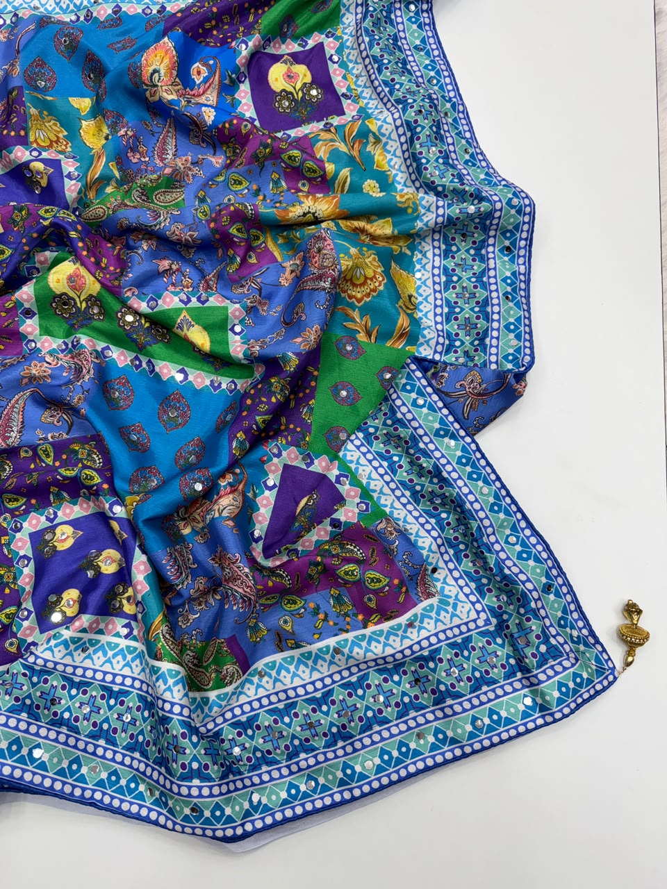 Ravishing Function Wear Soft Chinon Silk Print n Mirror Work Fancy Saree With Blissful Blouse Piece