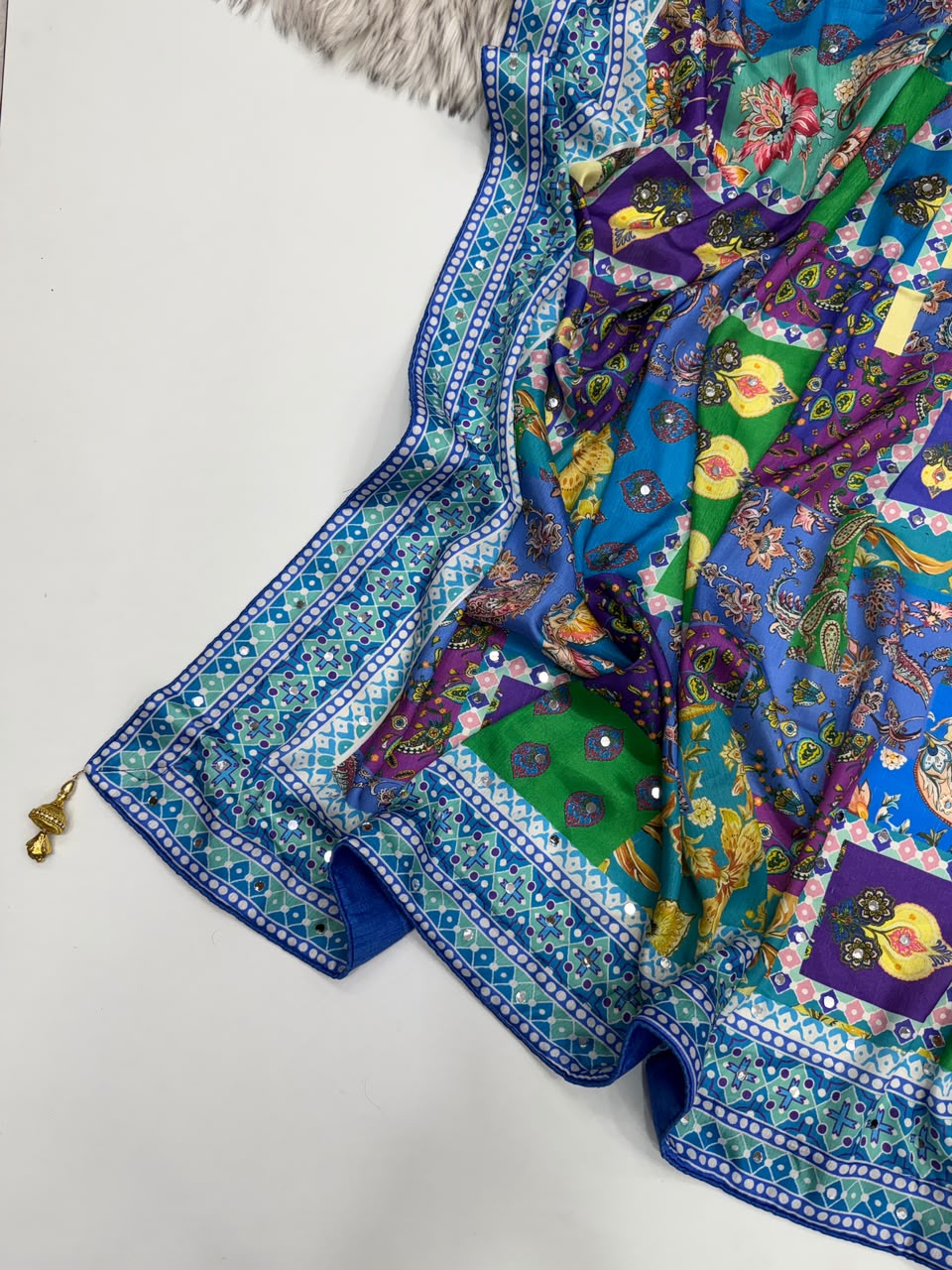 Ravishing Function Wear Soft Chinon Silk Print n Mirror Work Fancy Saree With Blissful Blouse Piece