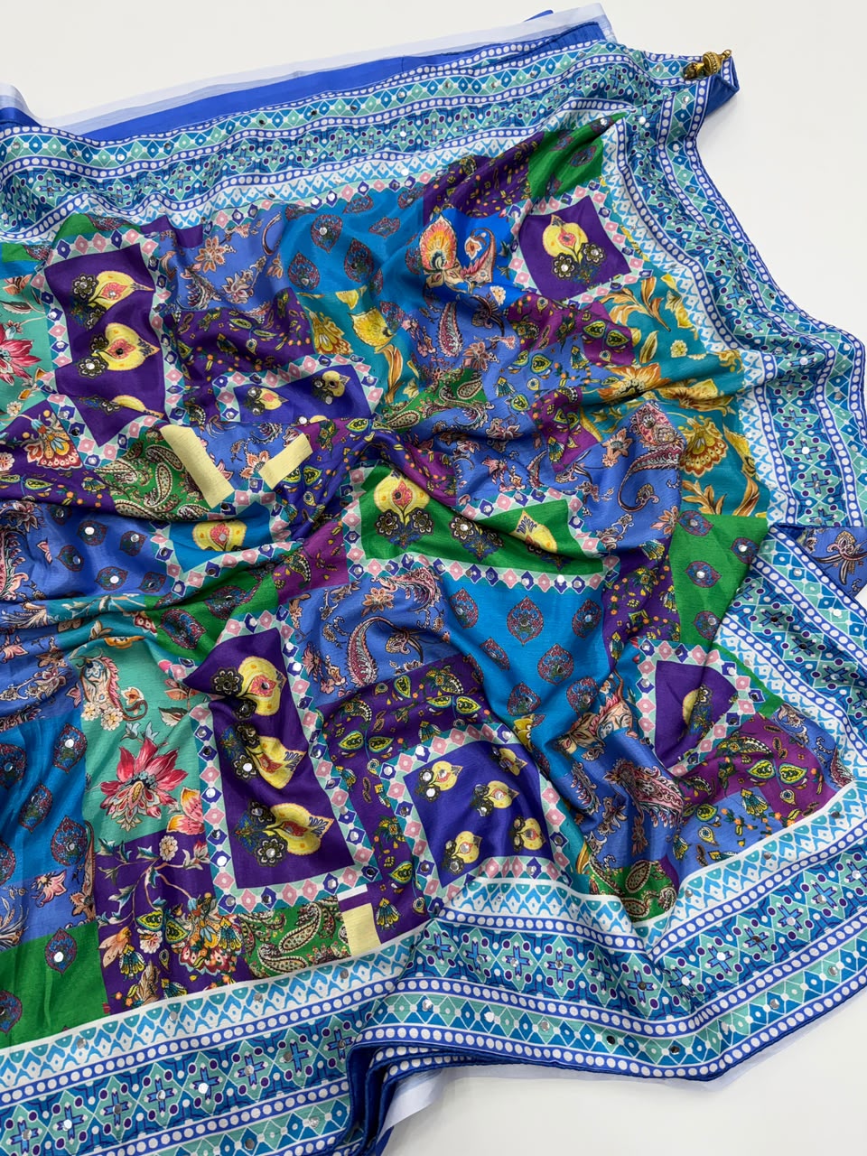 Ravishing Function Wear Soft Chinon Silk Print n Mirror Work Fancy Saree With Blissful Blouse Piece