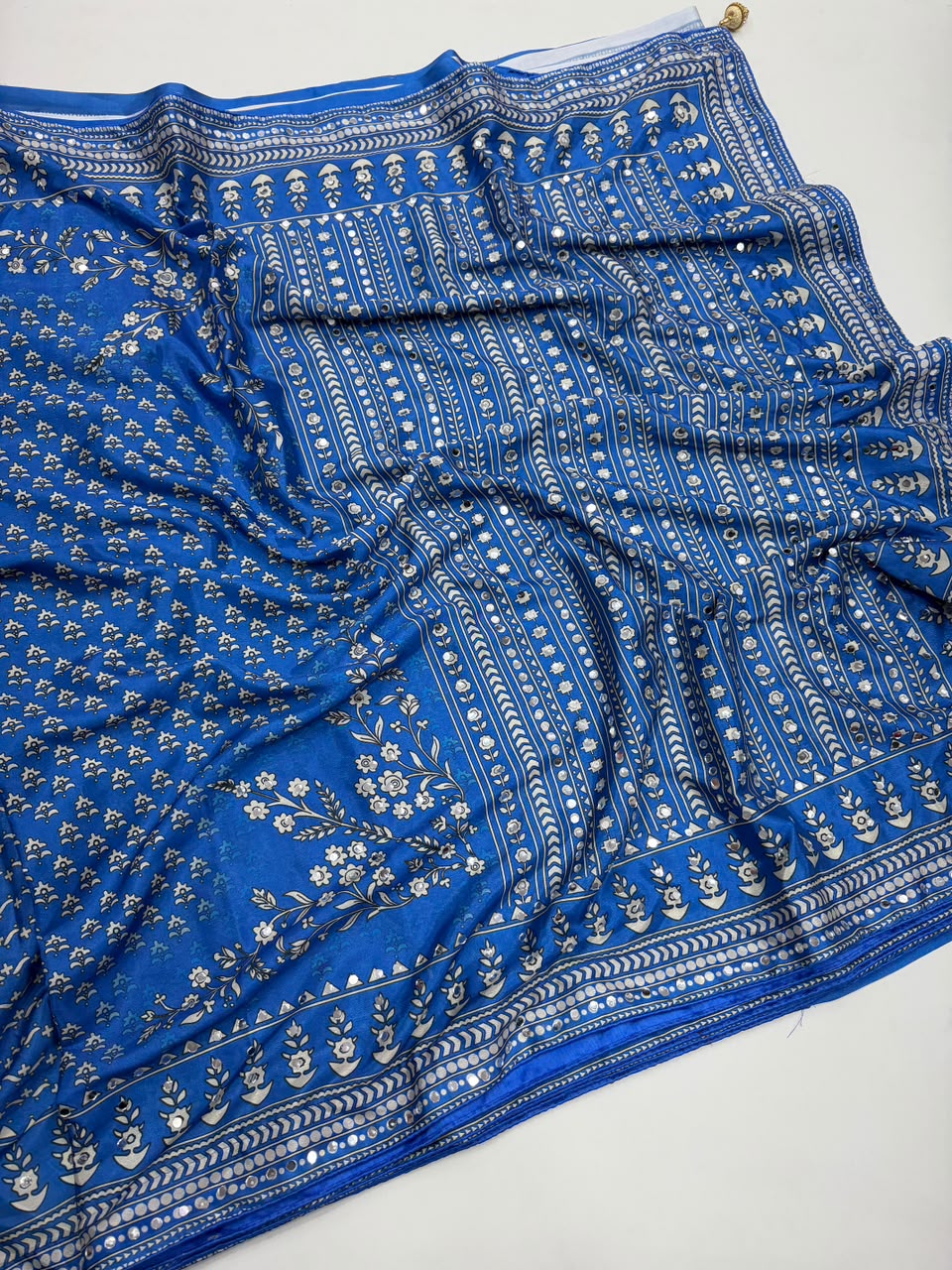 Breathtaking Festive Wear Soft Chinon Silk Print n Mirror Work Designer Saree With Blouse Piece