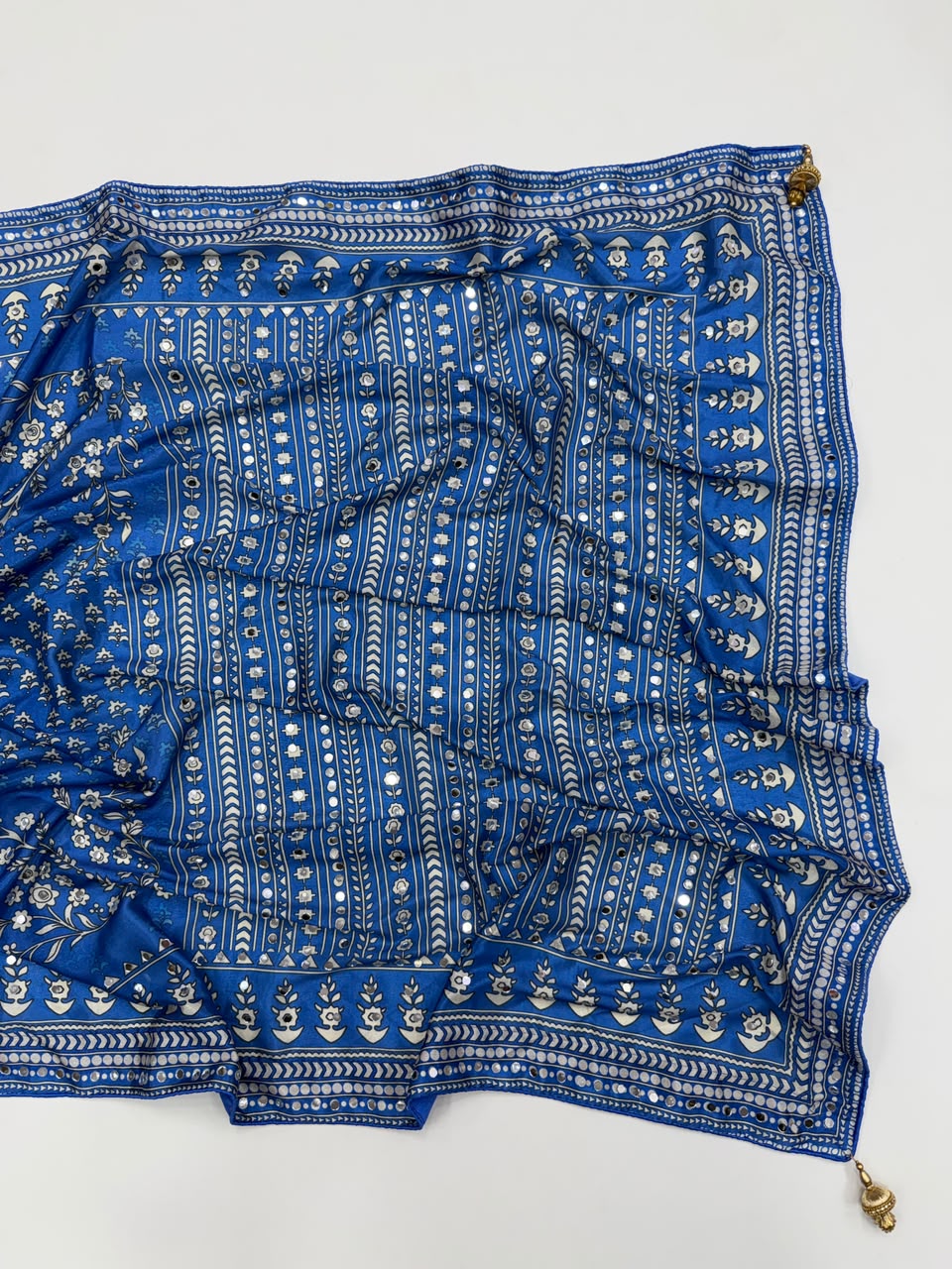 Breathtaking Festive Wear Soft Chinon Silk Print n Mirror Work Designer Saree With Blouse Piece