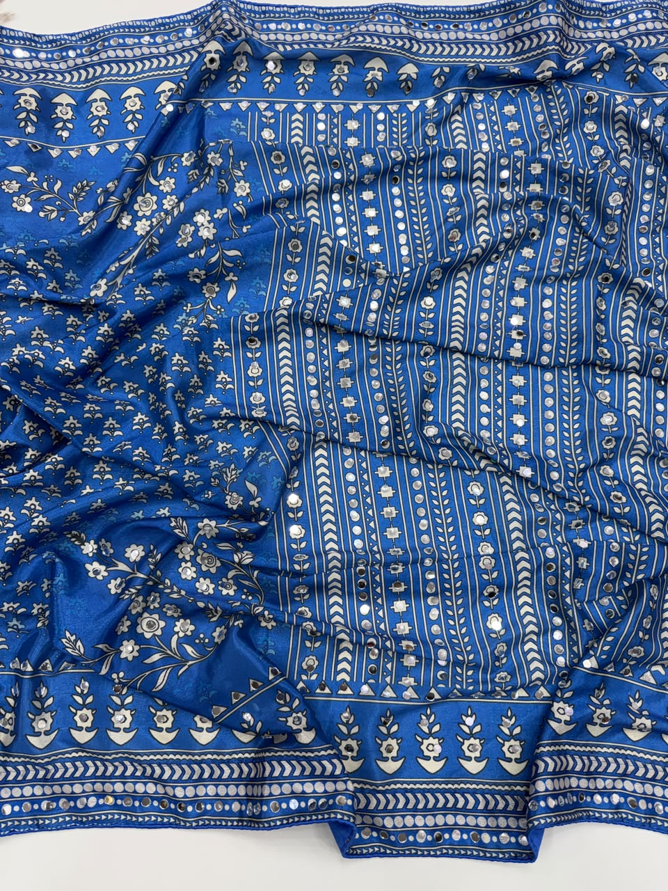Breathtaking Festive Wear Soft Chinon Silk Print n Mirror Work Designer Saree With Blouse Piece