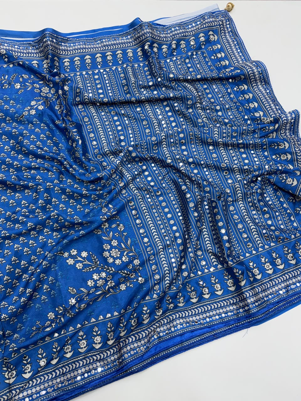 Breathtaking Festive Wear Soft Chinon Silk Print n Mirror Work Designer Saree With Blouse Piece