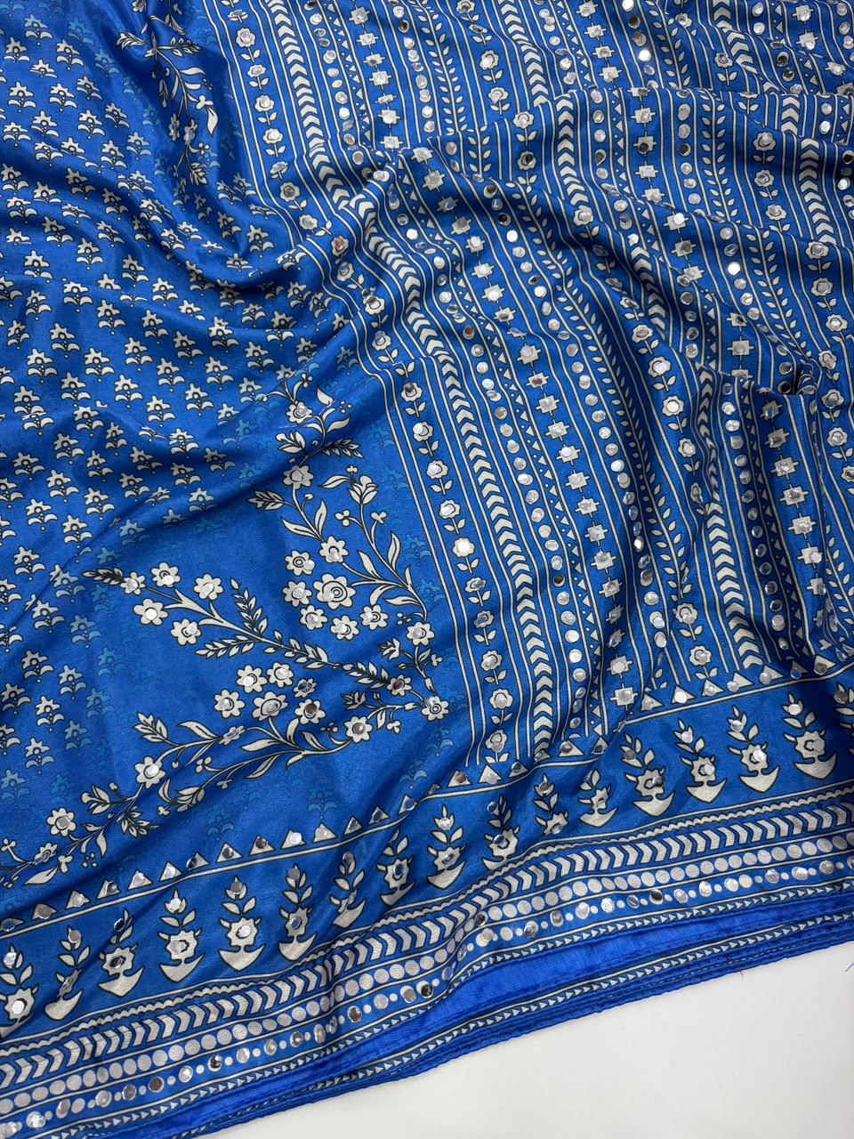 Breathtaking Festive Wear Soft Chinon Silk Print n Mirror Work Designer Saree With Blouse Piece