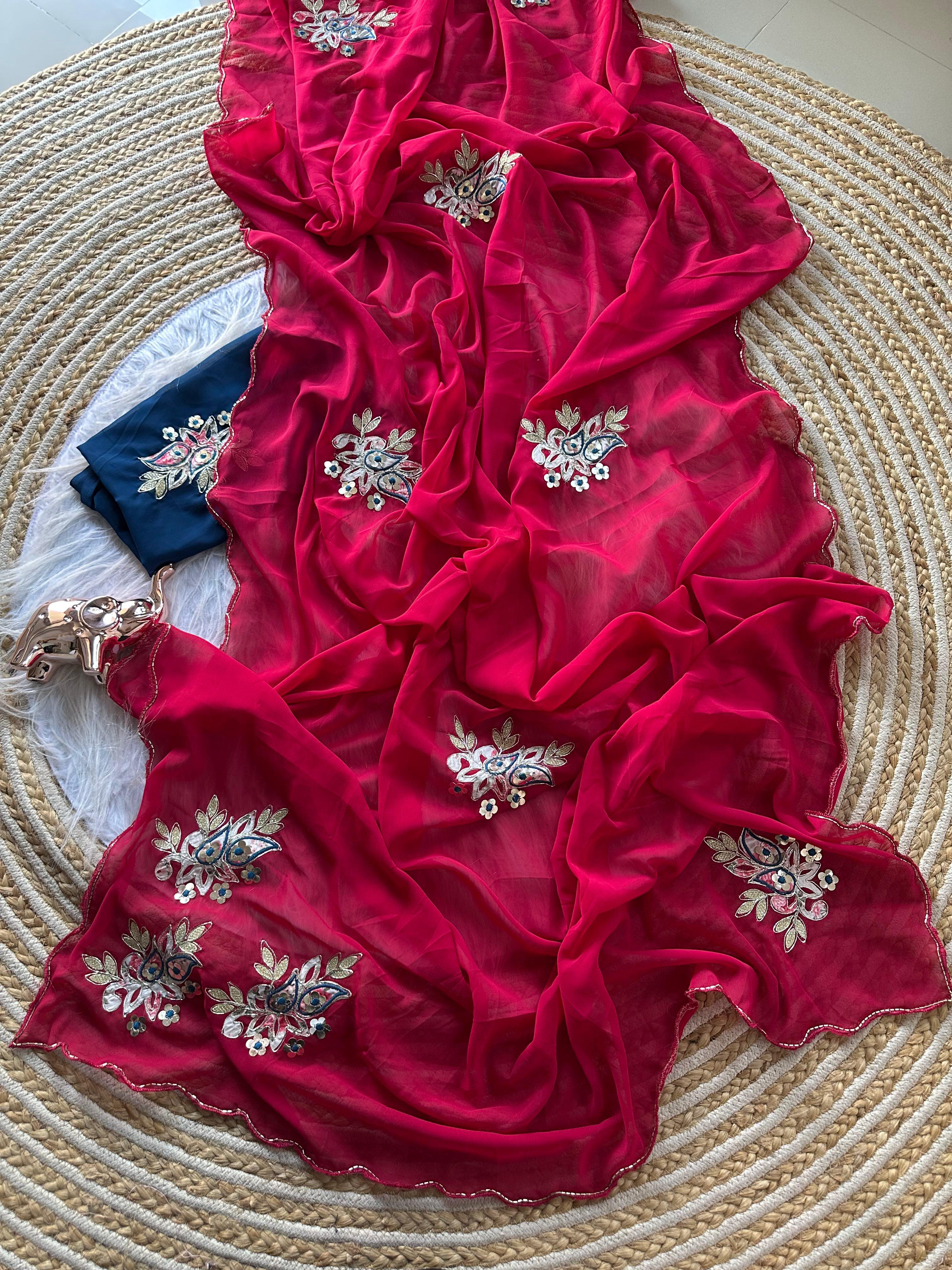Exquisite Party Wear Viscose Georgette Embroidery Work Saree With Ravishing Blouse Piece