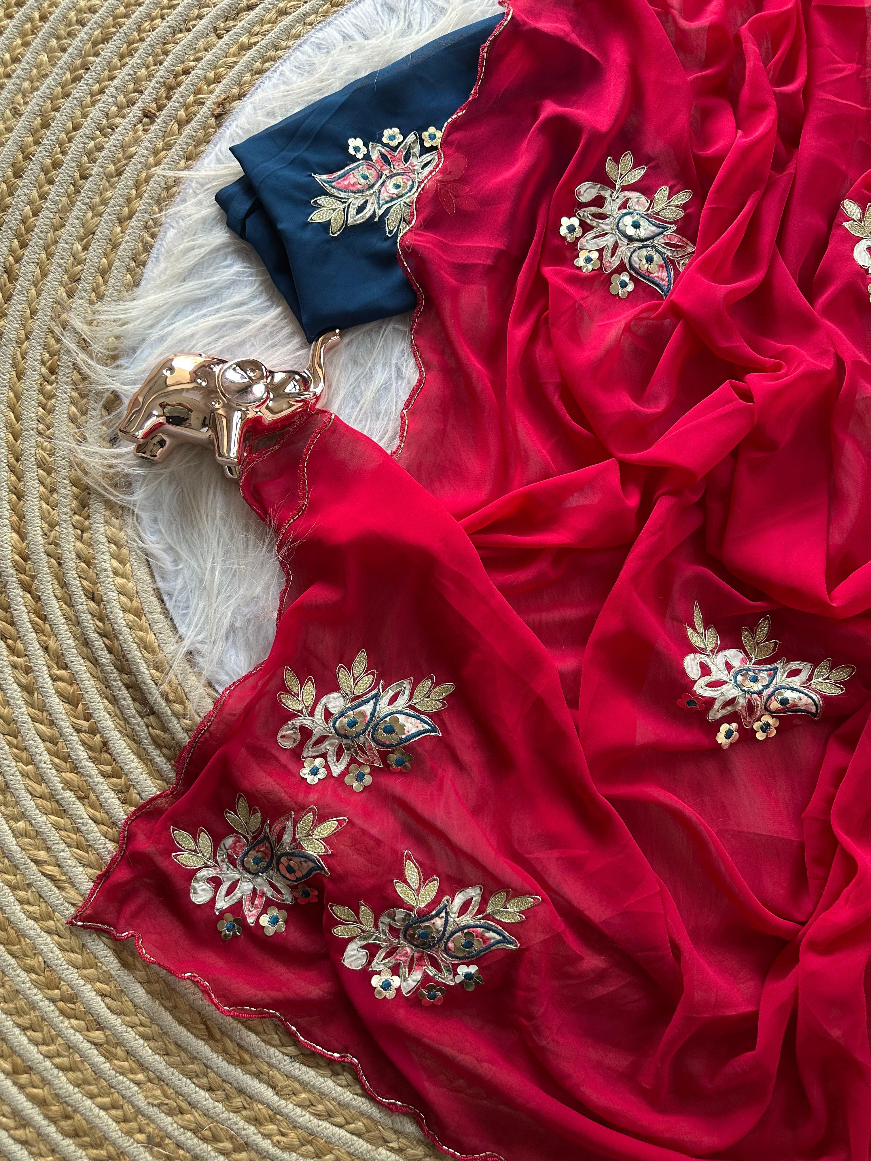 Exquisite Party Wear Viscose Georgette Embroidery Work Saree With Ravishing Blouse Piece