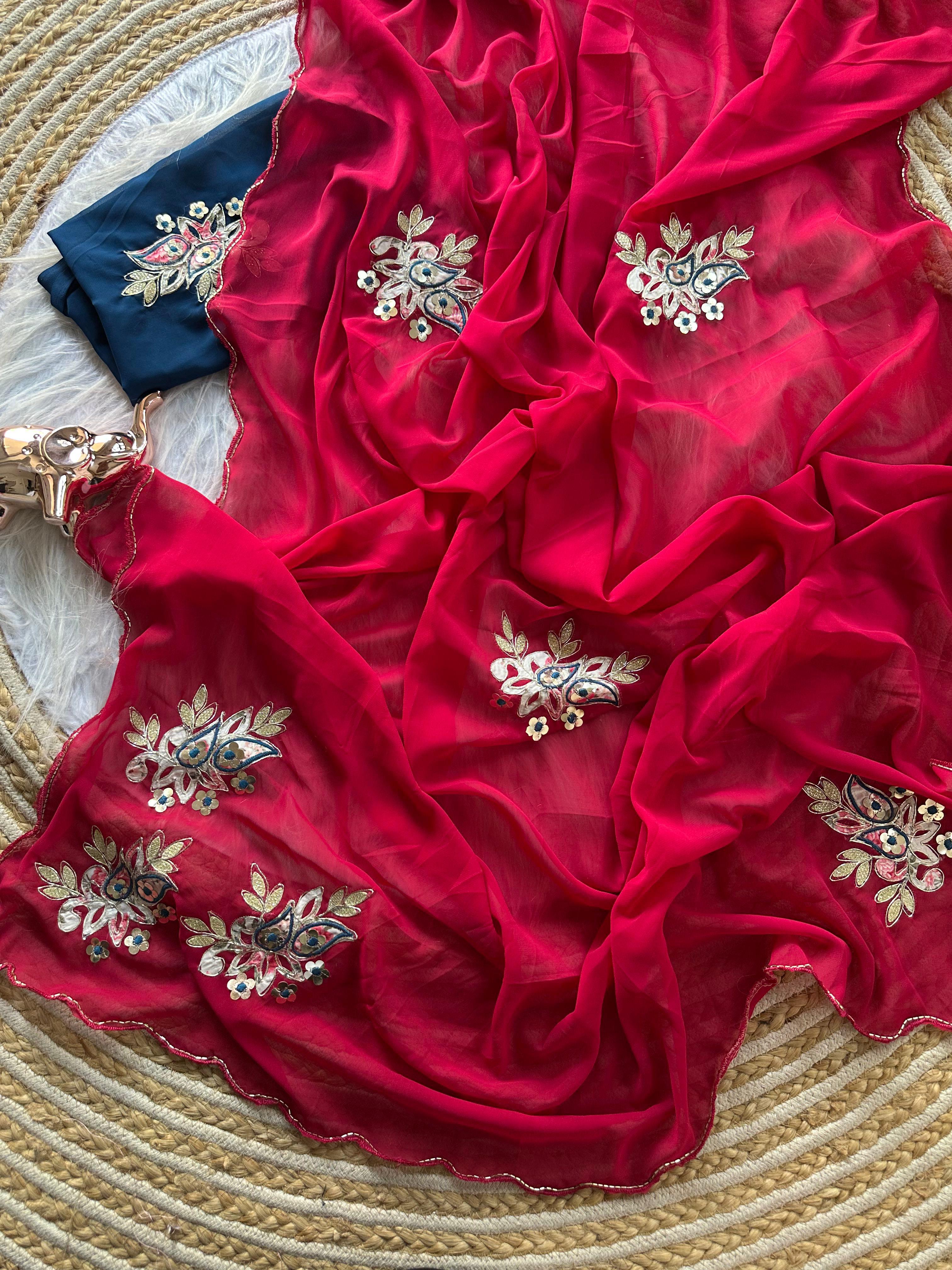 Exquisite Party Wear Viscose Georgette Embroidery Work Saree With Ravishing Blouse Piece