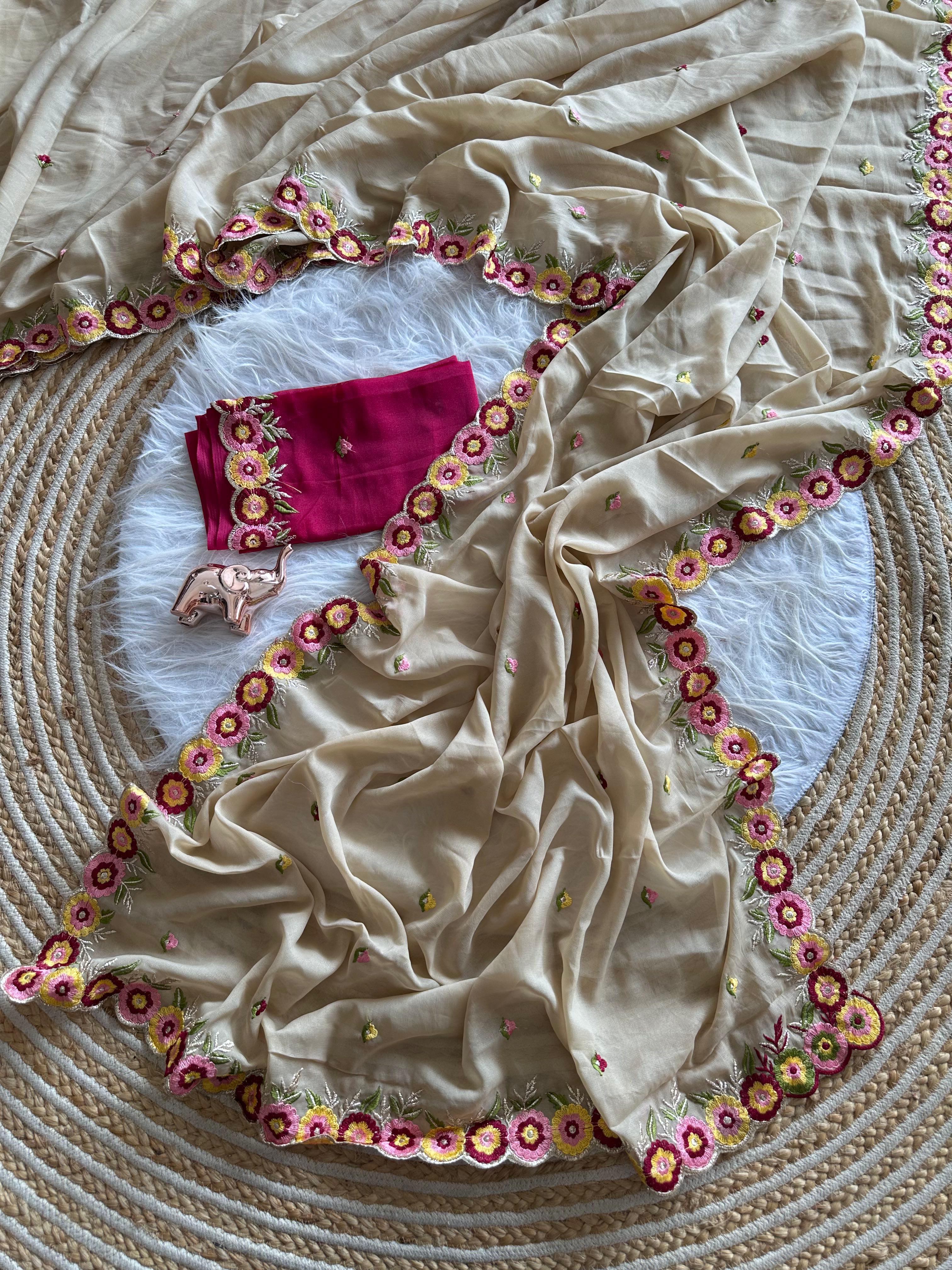 Delightful Party Wear Georgette Embroidery Work Flower Design Saree With Contrast Blouse Piece
