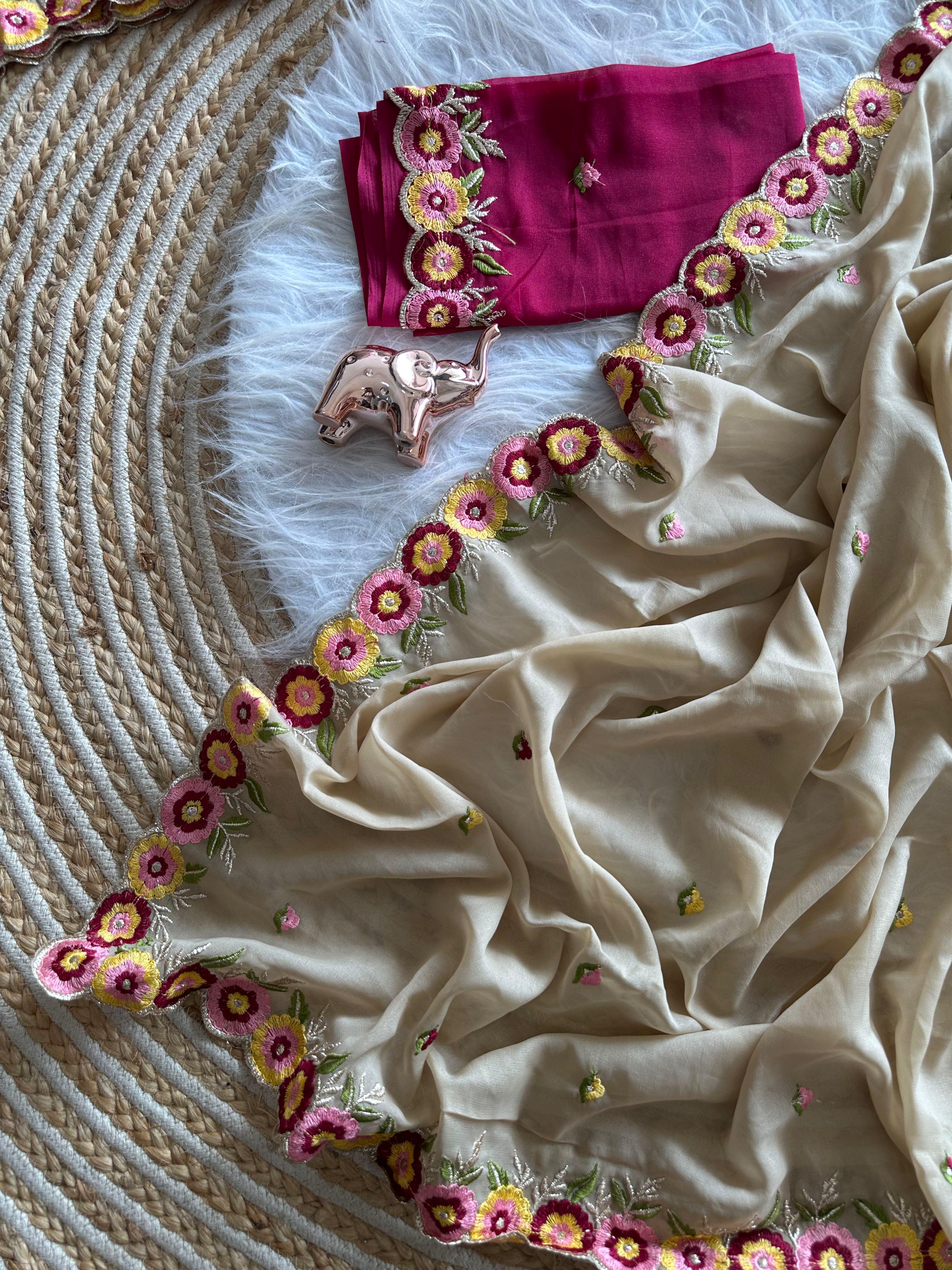 Delightful Party Wear Georgette Embroidery Work Flower Design Saree With Contrast Blouse Piece