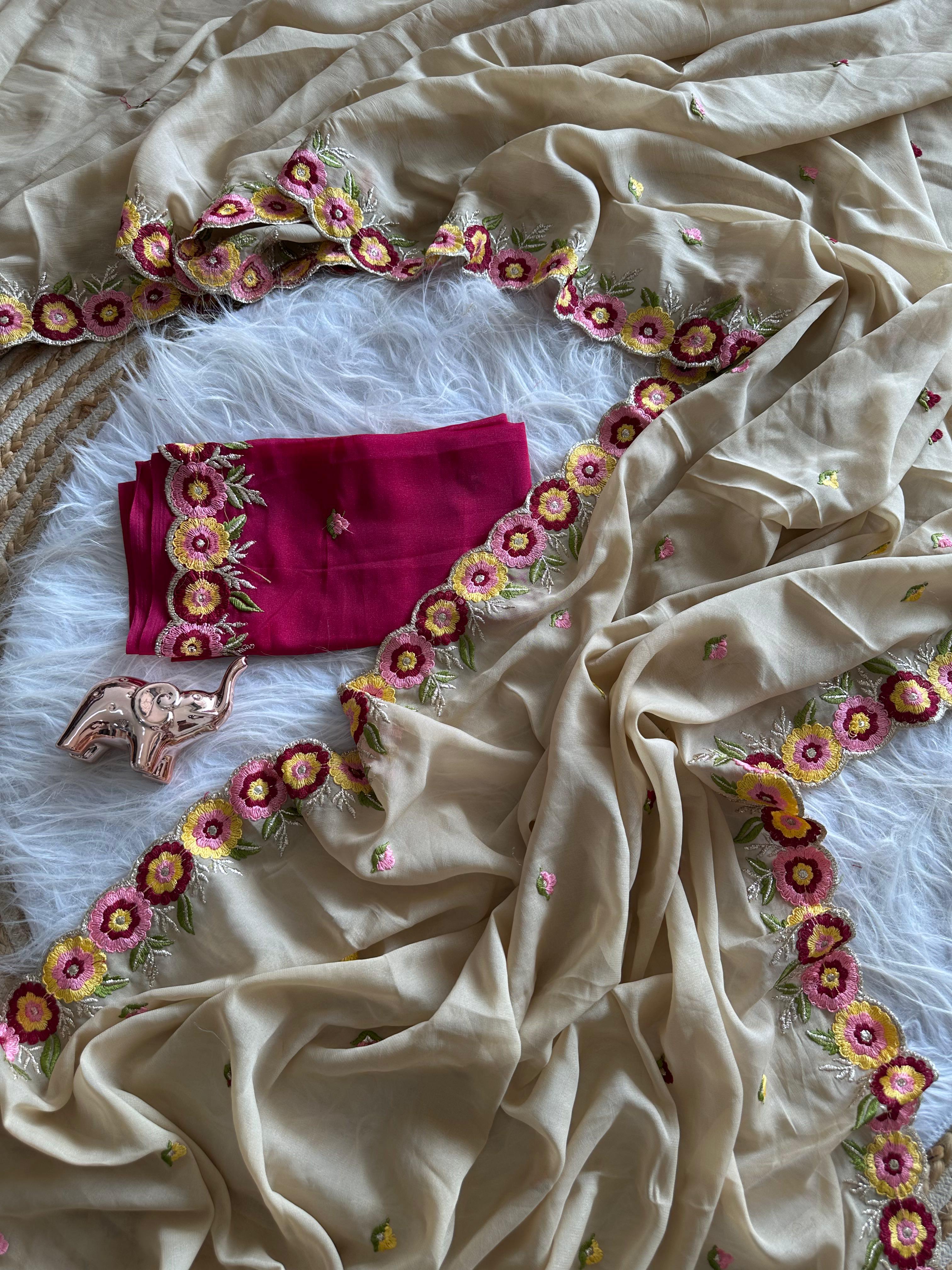 Delightful Party Wear Georgette Embroidery Work Flower Design Saree With Contrast Blouse Piece