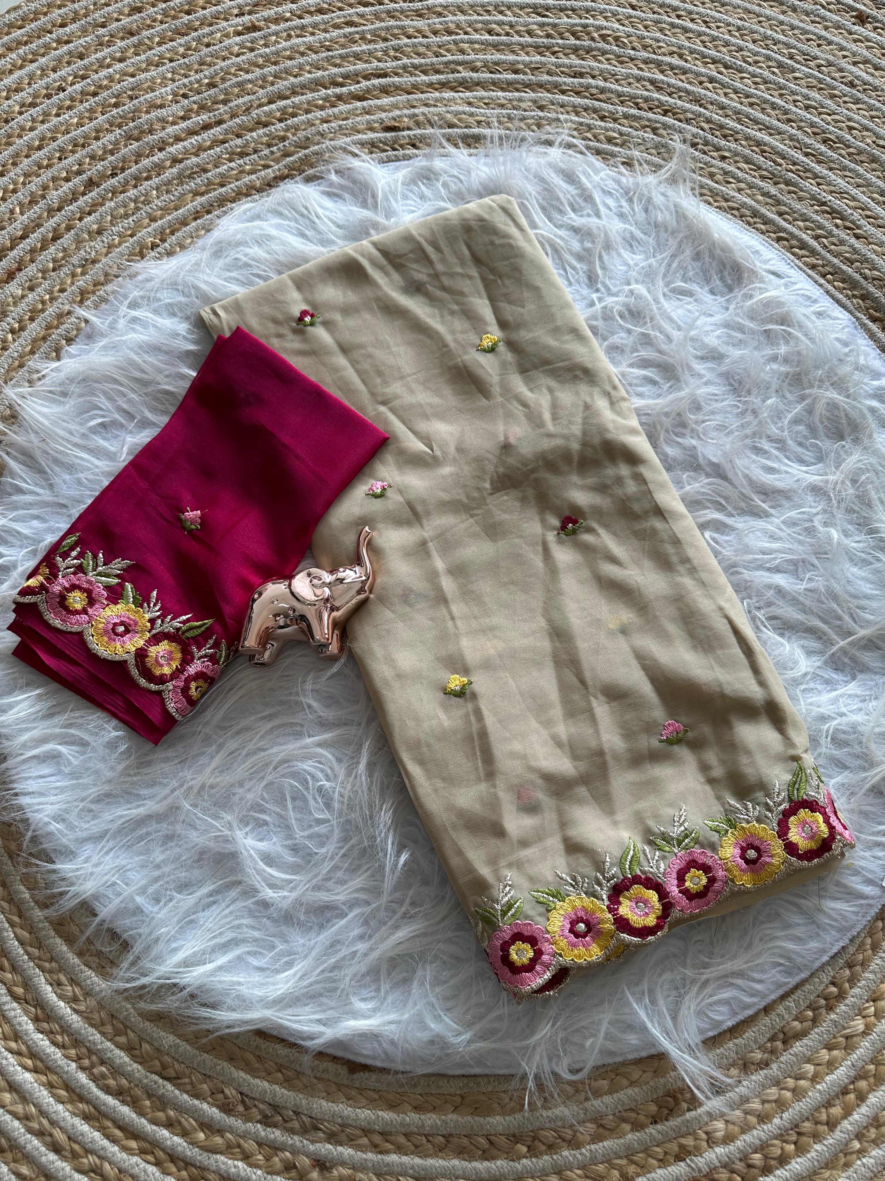 Delightful Party Wear Georgette Embroidery Work Flower Design Saree With Contrast Blouse Piece