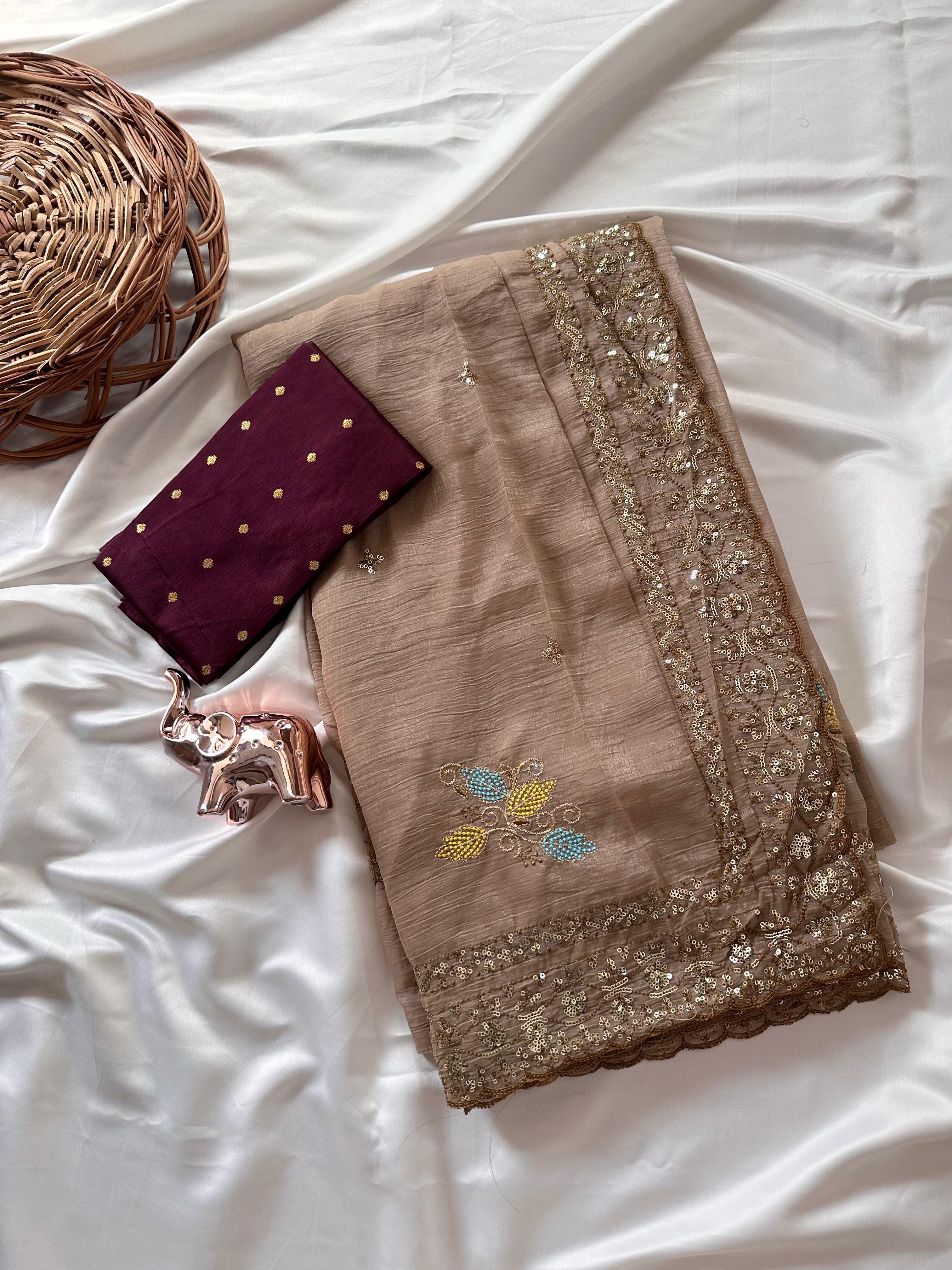 Impressive Wedding Wear Soft Crunchy Silk Embroidery Thread Work Saree With Contrast Blouse Piece