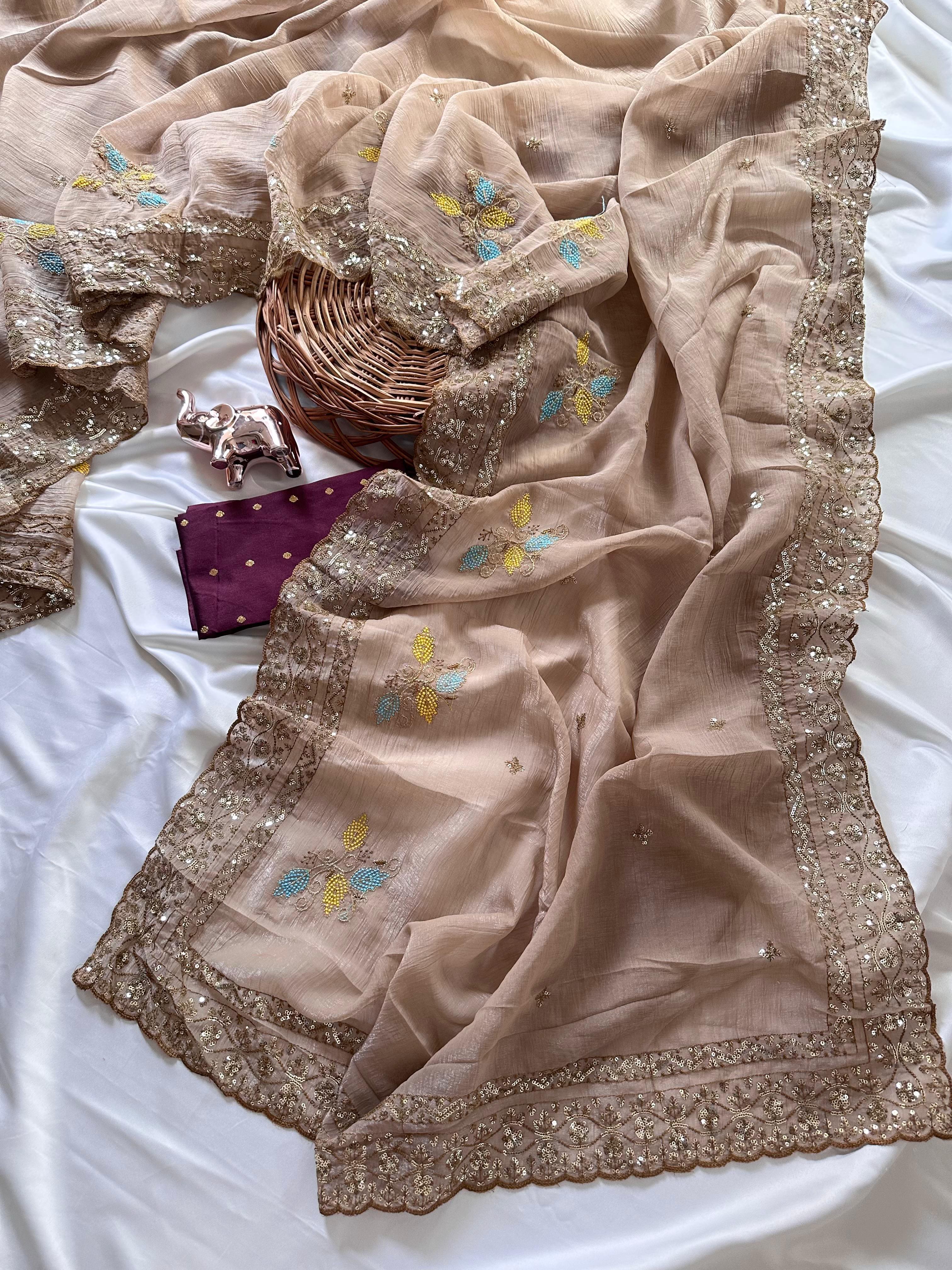 Impressive Wedding Wear Soft Crunchy Silk Embroidery Thread Work Saree With Contrast Blouse Piece
