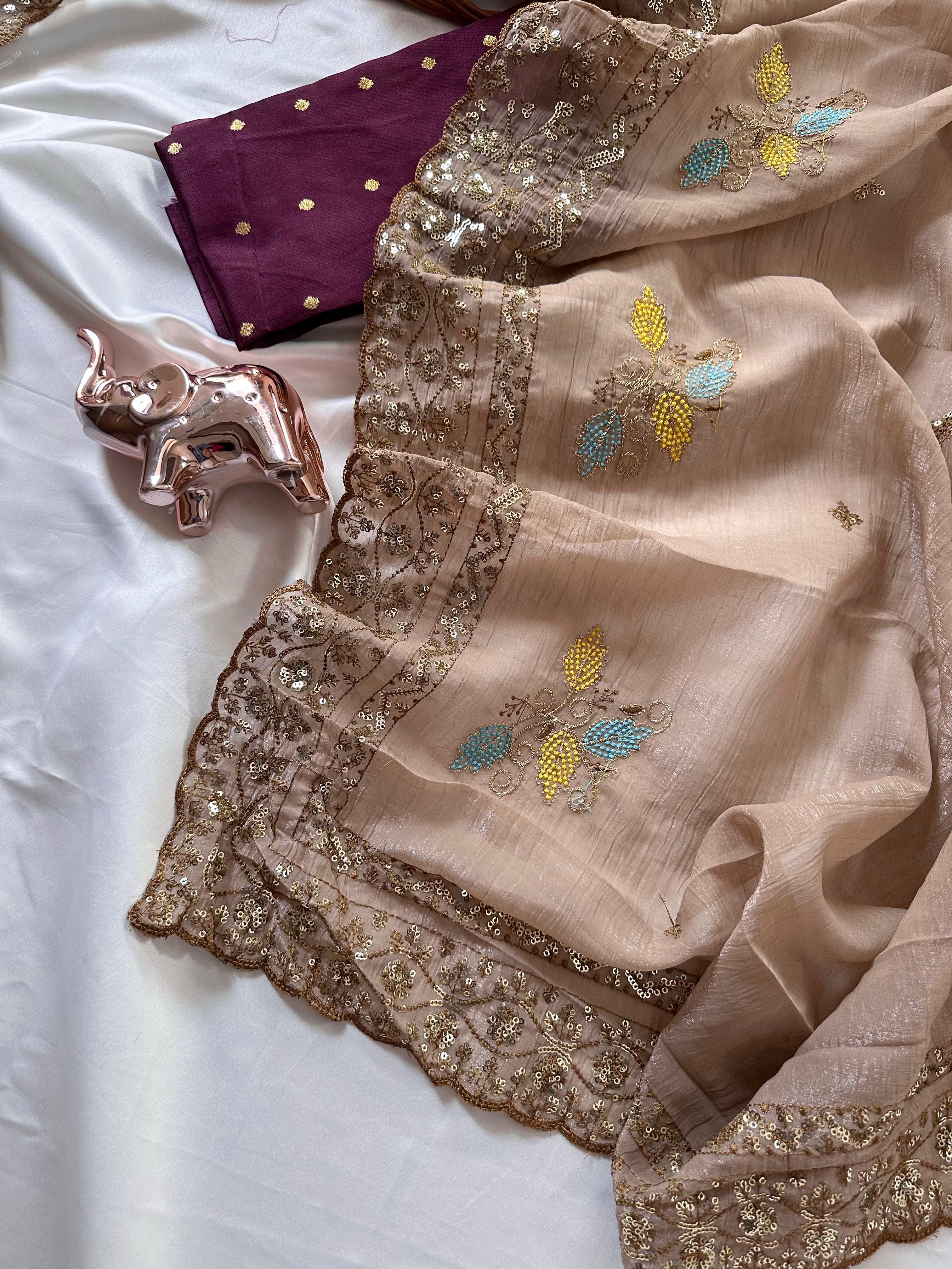 Impressive Wedding Wear Soft Crunchy Silk Embroidery Thread Work Saree With Contrast Blouse Piece