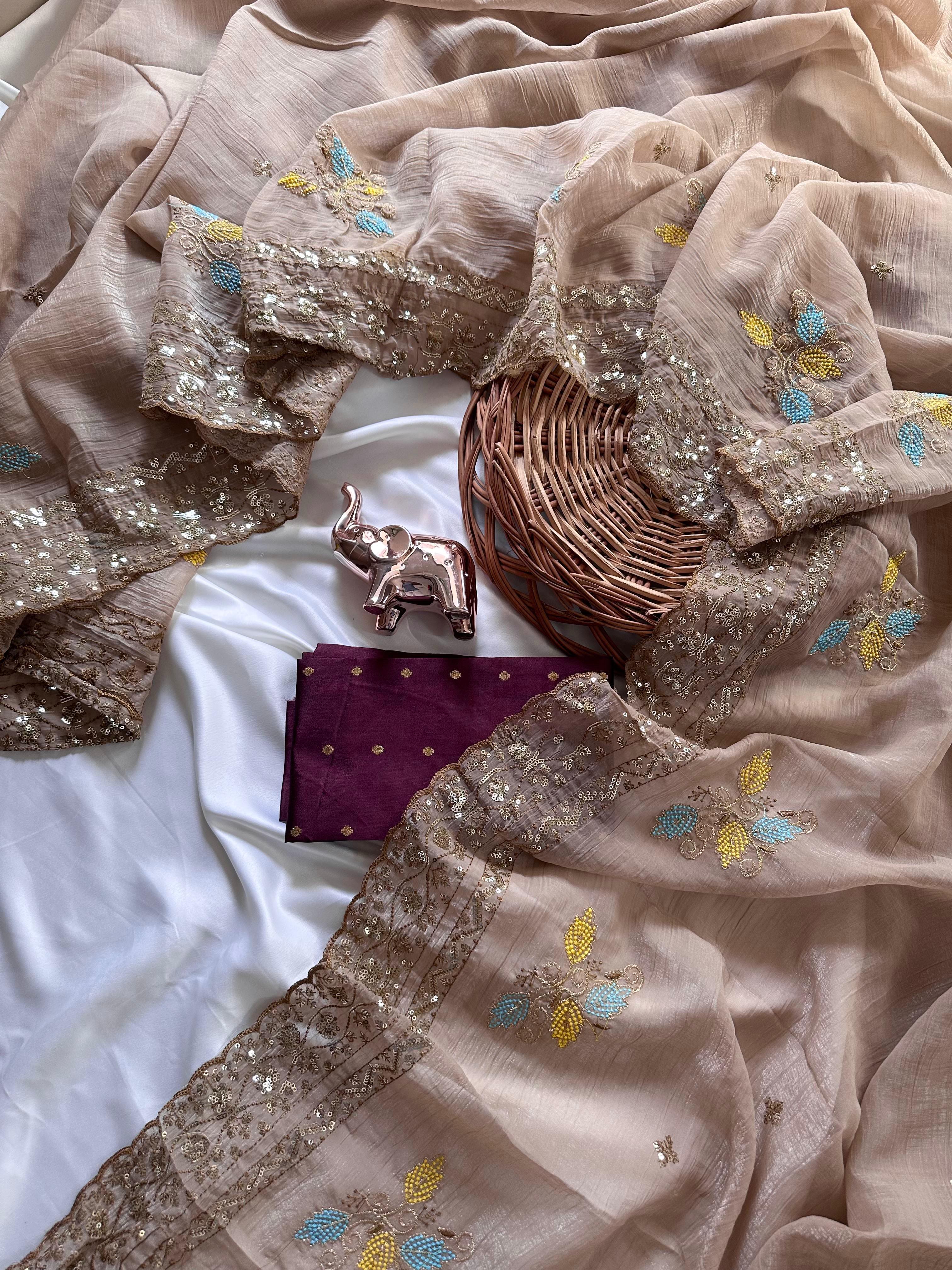 Impressive Wedding Wear Soft Crunchy Silk Embroidery Thread Work Saree With Contrast Blouse Piece