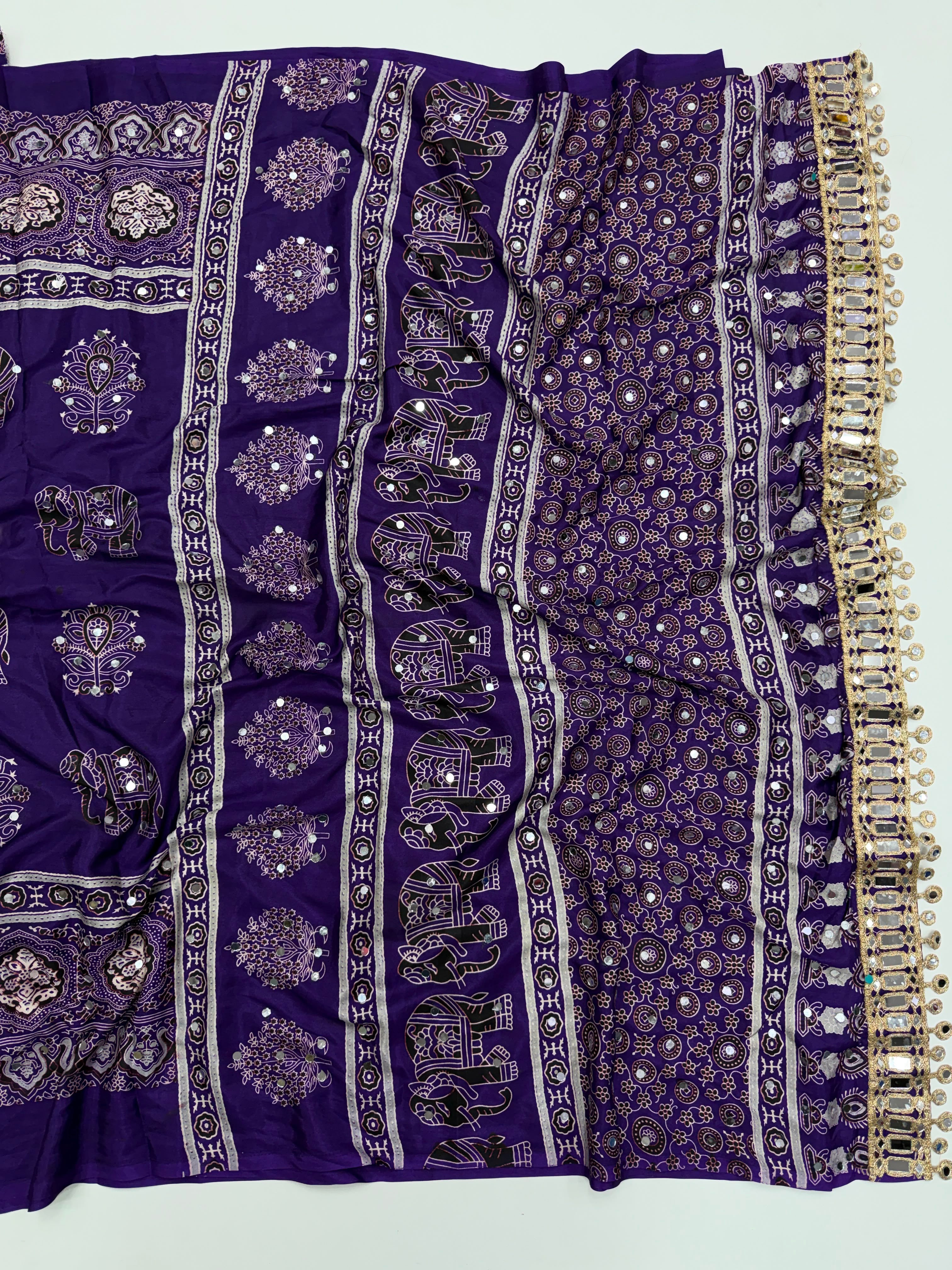 Alverina Party Wear Pure Satin Silk Ajrak Printed Rich Pallu n Mirror Work Fancy Saree With Blouse Piece