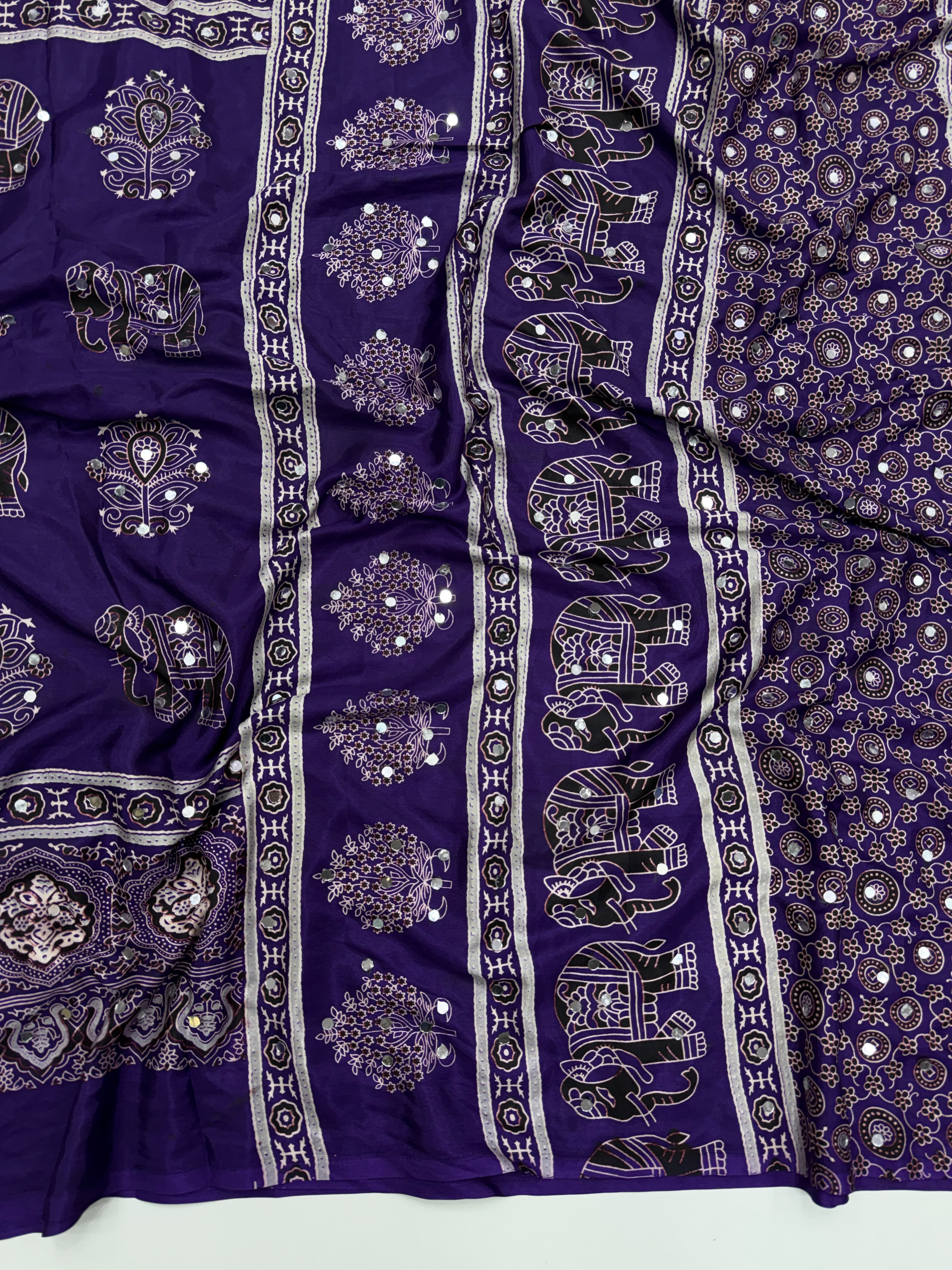 Alverina Party Wear Pure Satin Silk Ajrak Printed Rich Pallu n Mirror Work Fancy Saree With Blouse Piece