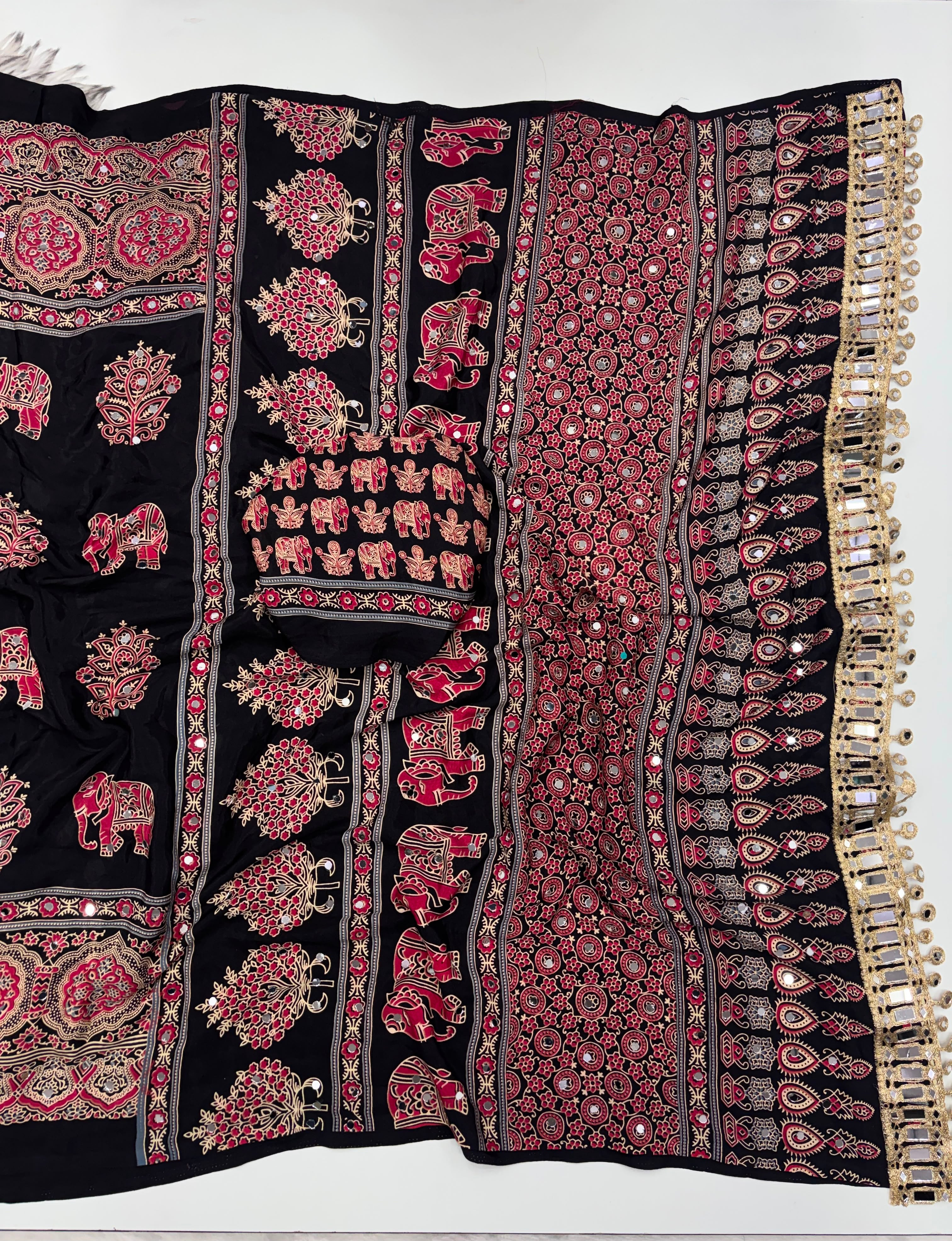 Alverina Party Wear Pure Satin Silk Ajrak Printed Rich Pallu n Mirror Work Fancy Saree With Blouse Piece