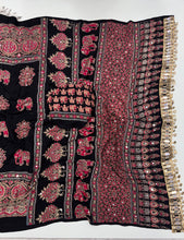 Load image into Gallery viewer, Alverina Party Wear Pure Satin Silk Ajrak Printed Rich Pallu n Mirror Work Fancy Saree With Blouse Piece
