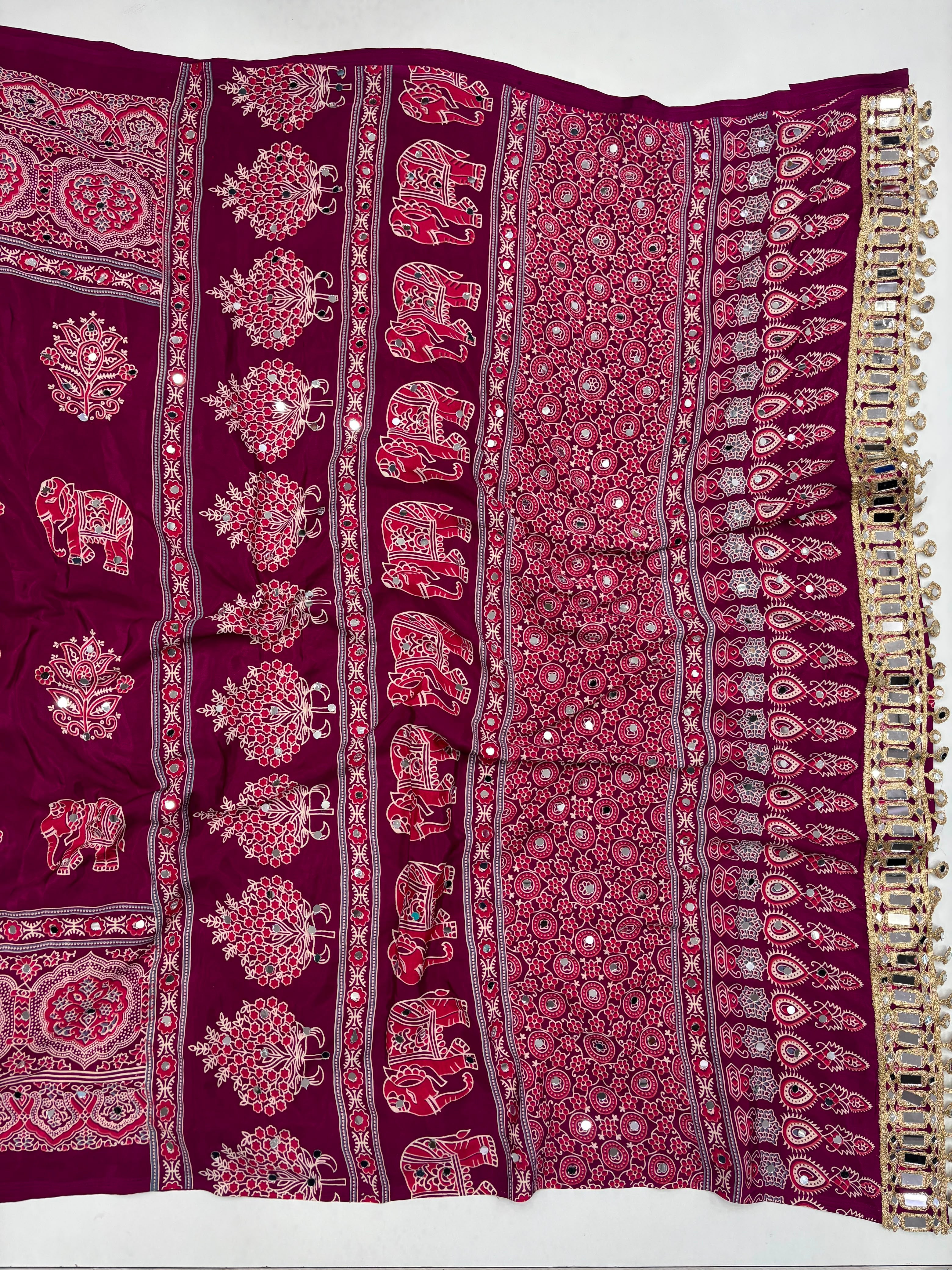 Alverina Party Wear Pure Satin Silk Ajrak Printed Rich Pallu n Mirror Work Fancy Saree With Blouse Piece