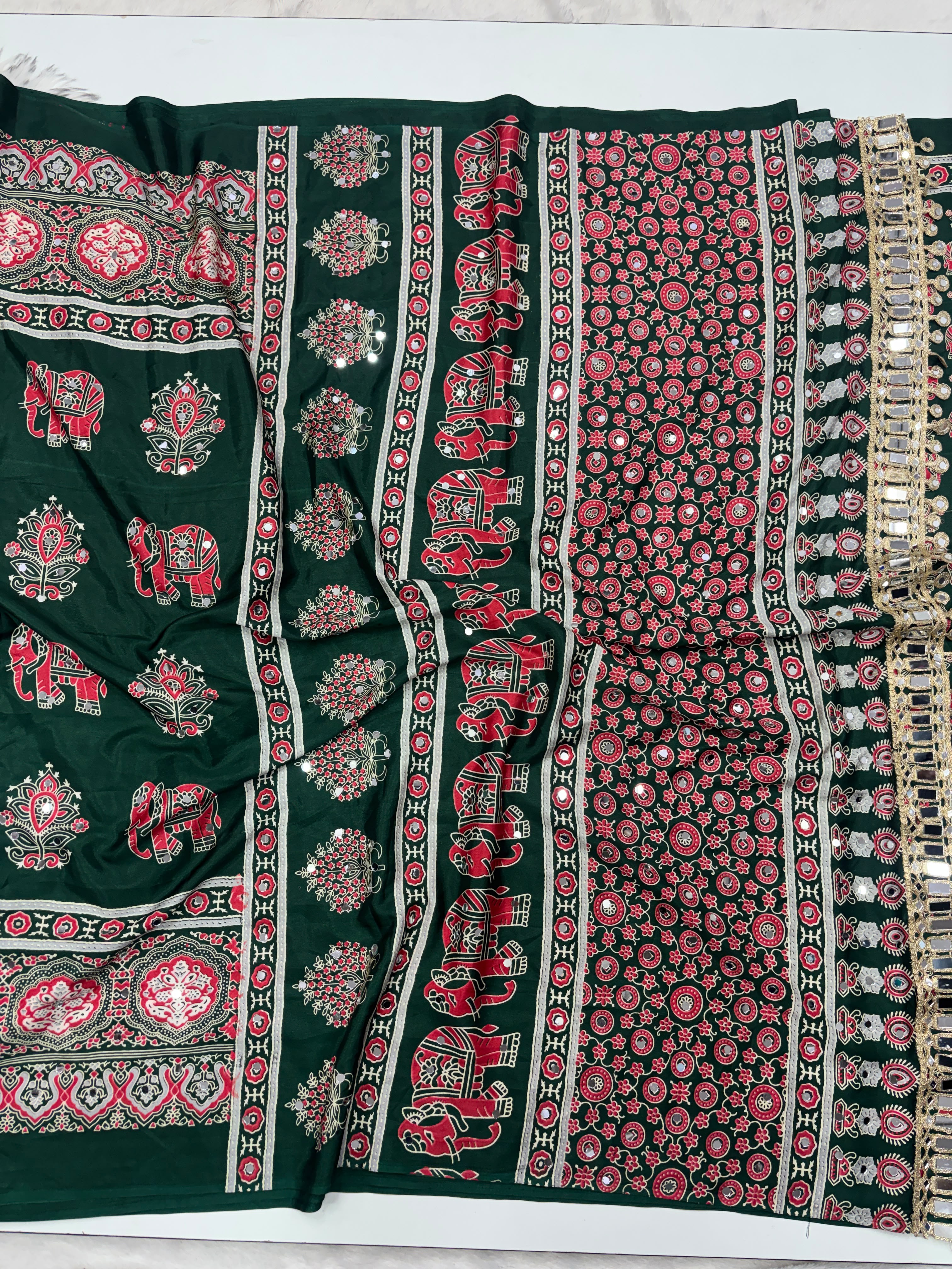 Alverina Party Wear Pure Satin Silk Ajrak Printed Rich Pallu n Mirror Work Fancy Saree With Blouse Piece